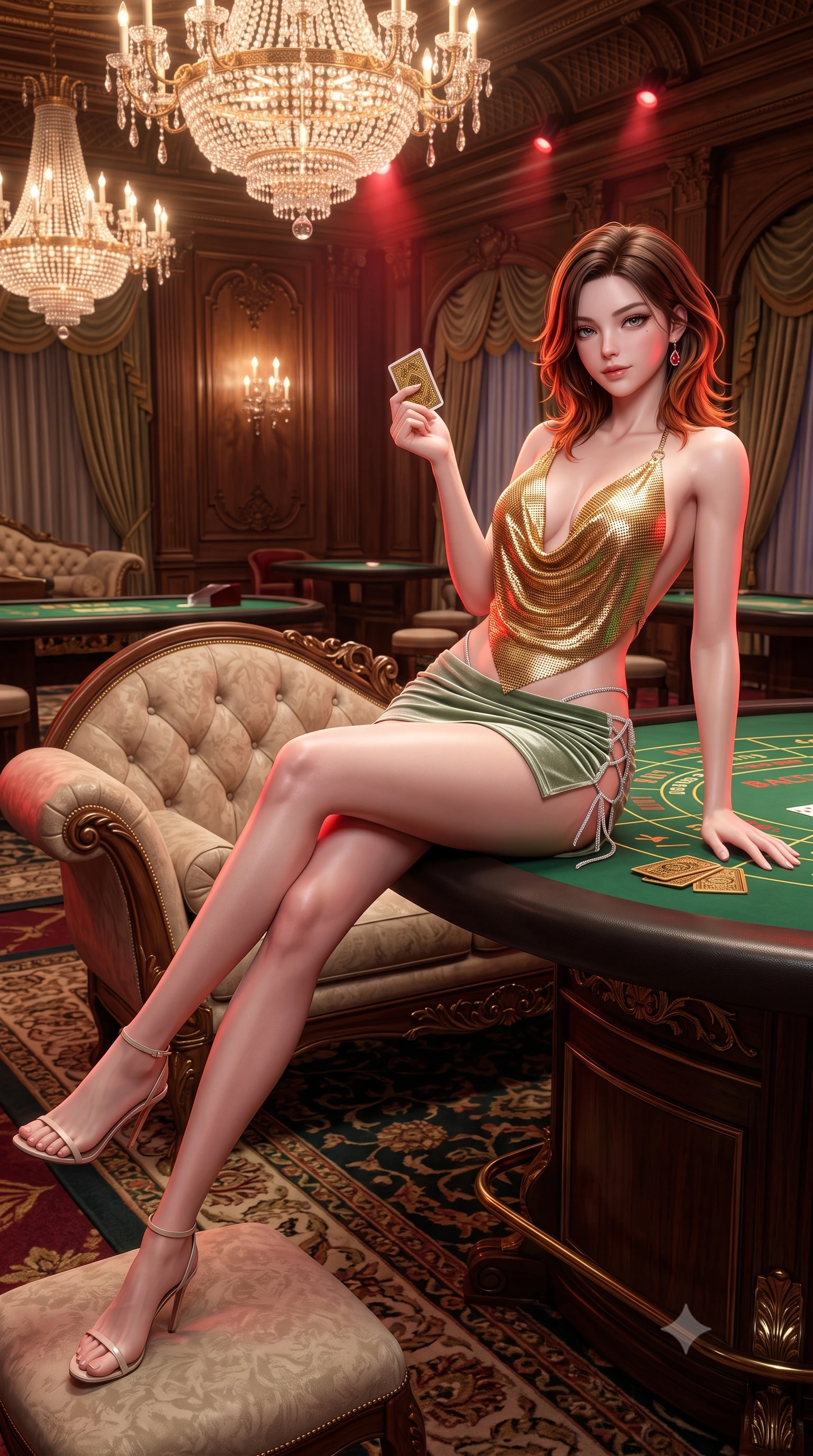 score_9, masterpiece, best quality, ultra-detailed, high-budget anime keyframe, semi-realistic 3D game render, editorial fashion photography, tasteful artistic composition, Korean woman. low angle full-body shot from head to toe showing her feet, filling the entire 9:16 vertical frame with her statuesque presence, stretching her vertical silhouette. reclining gracefully across the plush chaise lounge with one leg extended, her sculpted silhouette and flat midriff radiating magnetic nocturnal glamour while sitting at the green baize baccarat table with hips angled back, slowly squeezing a high-value playing card with smoldering bedroom-eyes. The surrounding environment is rendered in vivid detail and crisp panoramic clarity: detailed strappy velvet bustier texture, ruby earring gleam, and imperial casino interior craftsmanship in razor-sharp precision. She has an absolutely perfect, statuesque 8.5-heads proportion, an exceptionally tall and slender model-like female figure with impossibly long slender legs, an ultra-slim waist, a flat toned midriff, narrow delicate ribcage, and beautifully sculpted feminine hips creating a graceful, slim hourglass silhouette without any bulky heaviness. sharp v-shaped jawline, high-bridge nose, sparkling eyes with hypnotic seductive depth, thick curled eyelashes, glossy parted lips with a natural dewy peach sheen, alluring bedroom-eyes with an enchanting coquettish smile, exuding magnetic siren charisma and sophisticated glamour, flawlessly proportioned anatomical accuracy, strict slender model proportions, natural body alignment, perfectly sculpted long slender limbs, ultra-slim waistline, clean dynamic posture without body distortion. wearing a plunging cowl-neck liquid gold chainmail halter top paired with an ultra-low-rise velvet mini skirt and side rhinestone ties in botanical sage green and pure pearlescent ivory with rose trims, crafted from wet-look high-gloss vinyl fabric with dazzling specular surface reflections, accented with a stack of engraved gold casino plaques held loosely in one hand, the form-contouring silhouette accentuating her sculpted flat midriff, narrow delicate ribcage, and gracefully curvy hips with intoxicating allure. bathed in warm 2700K incandescent crystal chandelier radiance mixed with red accent spotlights. highly saturated vibrant anime colors, detailed shading with soft gradients, rich glossy textures, high-contrast stereoscopic depth, volumetric dynamic lighting, master piece, 9:16 ratio