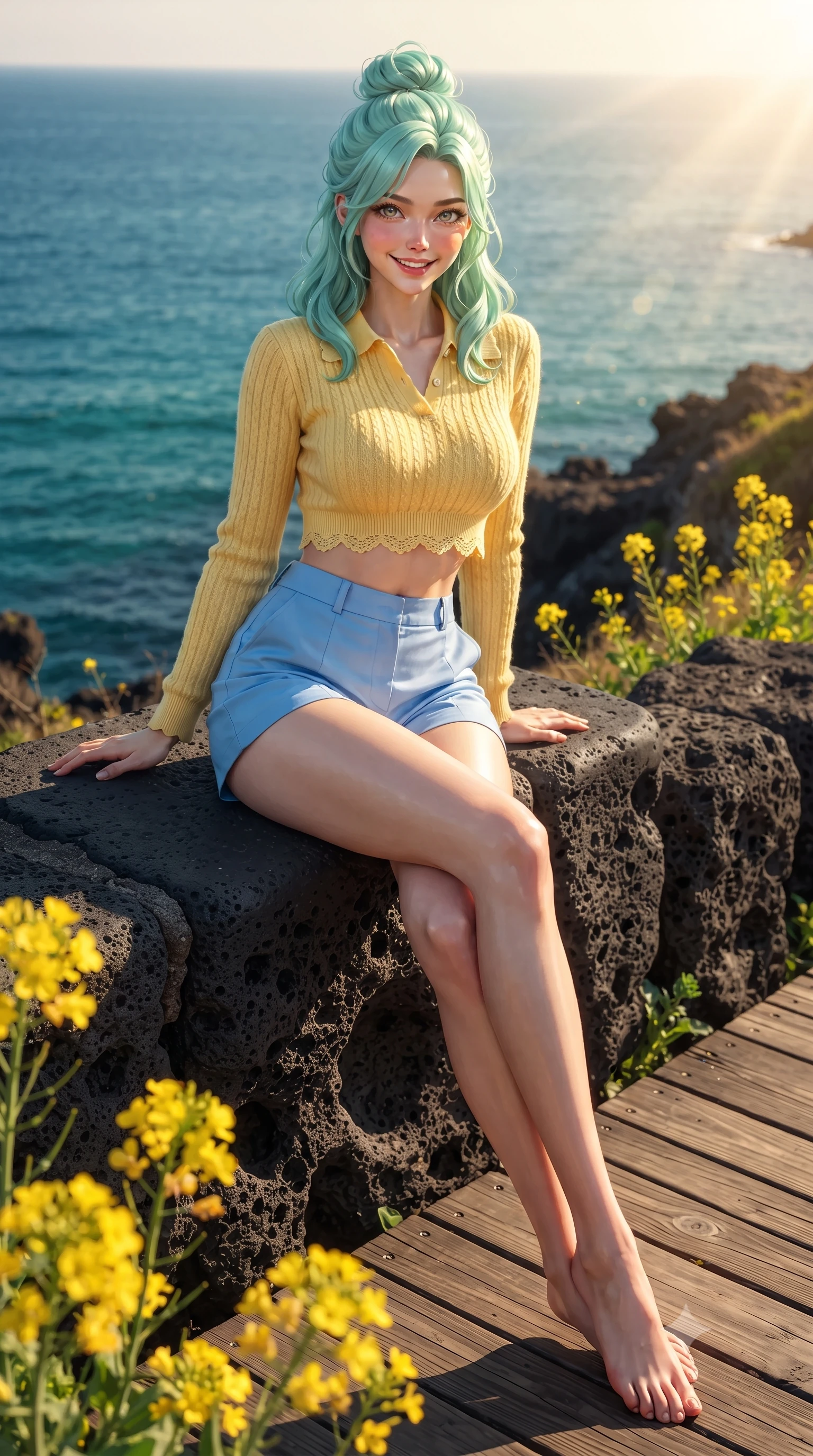 score_9, masterpiece, best quality, ultra-detailed, high-budget anime keyframe, editorial fashion photography, tasteful artistic composition, Japanese woman. low angle full-body shot from head to toe showing her feet, filling the entire 9:16 vertical frame with her statuesque presence, stretching her vertical silhouette. sitting perched on the elevated edge with legs crossed and hips angled toward the camera, displaying her toned midriff and long slender limbs with a joyful, coquettish smile while sitting on a smooth black volcanic rock ledge with legs crossed, her flat midriff and curvy hips highlighted against the turquoise ocean. The surrounding environment is rendered in vivid detail and crisp panoramic clarity. sharp canola blossom petals, porous volcanic basalt rock textures, and wooden boardwalk grain in deep focus. She has an exceptionally tall and slender model-like 8.5-heads proportion, an ultra-slim waist, a flat toned midriff, narrow delicate ribcage, and beautifully sculpted feminine hips creating a graceful, slim hourglass silhouette without any bulky heaviness, with impossibly long slender legs. sharp v-shaped jawline, high-bridge nose, intricate jewel-like sparkling eyes with depth, thick eyelashes, glossy parted lips with a natural peach sheen, bright cheerful beaming smile with an enchanting and coquettish sensual glint, exuding both youthful cute charm and seductive allure, flawlessly proportioned anatomical accuracy, strict slender model proportions, natural body alignment, perfectly sculpted long slender limbs, ultra-slim waistline, clean dynamic posture without body distortion. wearing a cropped knitted polo sweater paired with high-cut tailored tennis shorts hugging her rounded hips in sunny daffodil yellow and clear sky blue, tailored from crisp cotton poplin with clean structural lines, finished with delicate lace scallop edging along the neckline, the form-contouring cut accentuating her sculpted flat midriff, narrow delicate ribcage, and gracefully curvy hips with supermodel precision. illuminated by warm golden sunbursts sharply carving her razor-sharp jawline, narrow waist, and curvy hips. ultra-reflective glossy finish, specular highlights, rich textural contrasts, high-contrast stereoscopic depth, volumetric dynamic lighting, 2k, ultra detail, master piece, 9:16 ratio