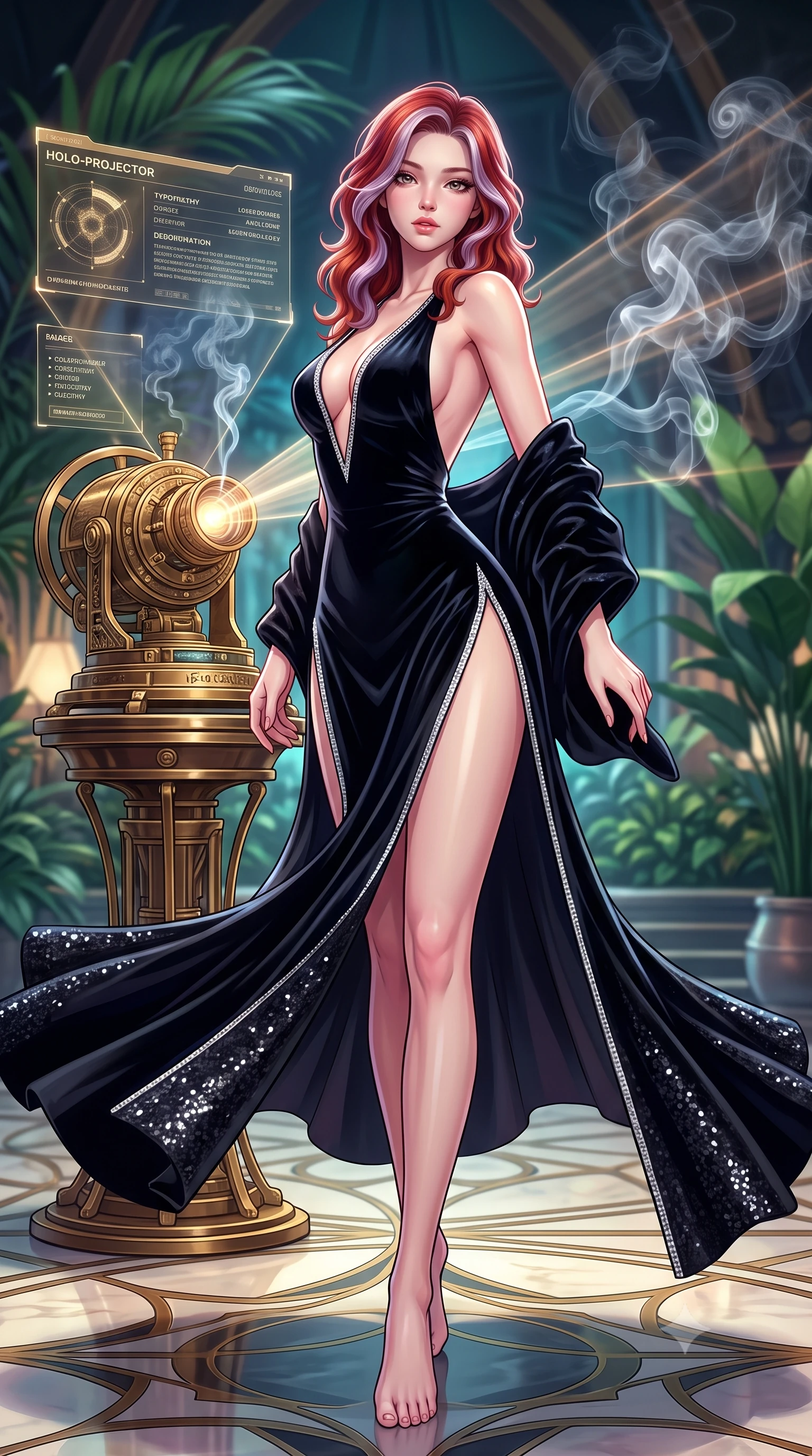 score_9, masterpiece, best quality, ultra-detailed, high-budget anime keyframe, semi-realistic 3D game render, editorial fashion photography, tasteful artistic composition, Caucasian woman. low angle full-body shot from head to toe showing her feet, filling the entire 9:16 vertical frame with her statuesque presence, stretching her vertical silhouette. executing an elegant mid-motion pivot turn as garments swirl around her slender limbs, glancing over her shoulder with an intoxicating bedroom-gaze while standing poised beside the brass holo-projector, twisting her upper body in an alluring S-curve as laser beams filter through cigar smoke. The surrounding environment is rendered in vivid detail and crisp panoramic clarity. detailed sequin dress shimmer, smoke ribbon filaments, and holographic interface typography in high resolution. She has an exceptionally tall and slender model-like 8.5-heads proportion, an ultra-slim waist, a flat toned midriff, narrow delicate ribcage, and beautifully sculpted feminine hips creating a graceful, slim hourglass silhouette without any bulky heaviness, with impossibly long slender legs. sharp v-shaped jawline, high-bridge nose, intricate jewel-like eyes with depth, thick eyelashes, glossy parted lips with a natural sheen, intensely captivating and seductive bedroom-eyes expression, flawlessly proportioned anatomical accuracy, strict slender model proportions, natural body alignment, perfectly sculpted long slender limbs, ultra-slim waistline, clean dynamic posture without body distortion. wearing a plunging-V neckline duchess satin gown with high side slits ascending to the high hip in pitch-black velvet with diamond crystal trim, crafted from heavyweight crushed silk velvet with liquid vintage luster, complemented by a plush velvet shawl draped loosely over her elbows, the precision-cut side openings and low-back scoop framing her graceful spine and the sensual sweep of her slim, toned hips. illuminated by crisp directional edge lights defining her sculpted clavicle, flat midriff, and rounded hips. highly saturated vibrant anime colors, detailed shading with soft gradients, rich glossy textures, high-contrast stereoscopic depth, volumetric dynamic lighting, master piece, 9:16 ratio