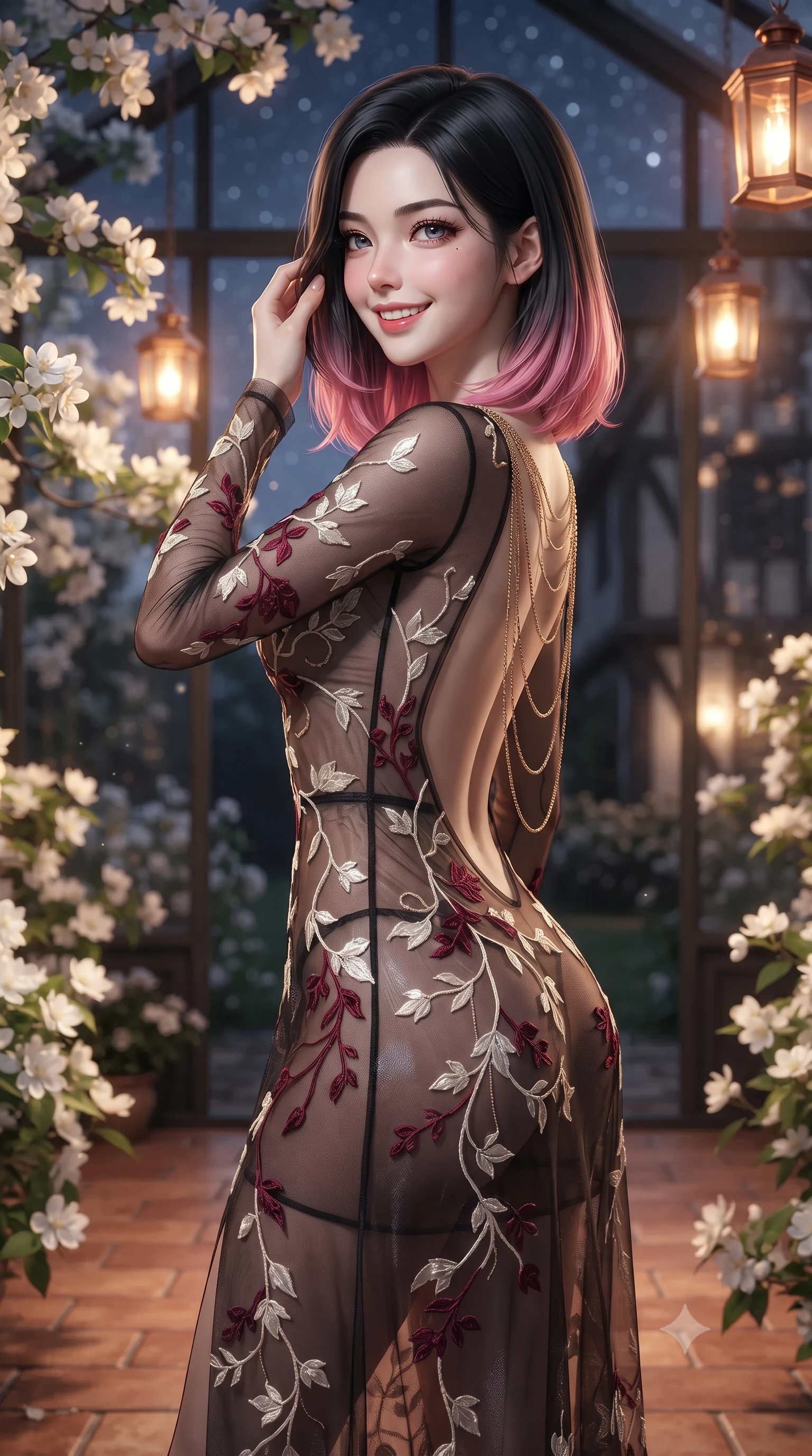 score_9, masterpiece, best quality, ultra-detailed, high-budget anime keyframe, editorial fashion photography, tasteful artistic composition, Korean woman. close-up cowboy shot from the waist and thighs up, the character dominates the composition, filling the frame with her large presence. gently brushing a lock of hair behind her ear while casting a playful, flirtatious side-gaze with long eyelashes while standing poised on the terracotta tile floor of the antique glass orangery surrounded by blooming jasmine and white apple blossoms, arching her spine with wet-look siren grace. The background shows a soft-focus illuminated white apple blossom branches outside glass, historic half-timbered Norman manor walls, and starry night sky blurred into blush, copper, and emerald bokeh. She has an exceptionally elegant, slender, and willowy female figure with an ultra-slim waist, flat toned midriff, narrow ribcage, and sculpted feminine hips creating an alluring, slim hourglass silhouette without bulk. sharp v-shaped jawline, high-bridge nose, intricate jewel-like sparkling eyes with depth, thick eyelashes, glossy parted lips with a natural peach sheen, bright cheerful beaming smile with an enchanting and coquettish sensual glint, exuding both youthful cute charm and seductive allure, flawlessly proportioned anatomical accuracy, strict slender model proportions, natural body alignment, perfectly sculpted long slender limbs, ultra-slim waistline, clean dynamic posture without body distortion. wearing a provocative sheer noir illusion mesh cocktail dress with embroidered climbing ivy ribbons contouring her curves in Belvedere ivory pearl and Habsburg bordeaux wine, crafted from translucent silk organza with an ethereal crystalline sheen, accented with an open-back drape framed by falling strands of delicate gold chains, the glove-like clinging cut tightly following the natural contour of her hips and long slender legs with youthful 8.5-heads elegance. bathed in the warm 2500K glow of hanging copper lantern sconces combined with silver moonlight through glass. ultra-reflective glossy finish, specular highlights, rich textural contrasts, high-contrast stereoscopic depth, volumetric dynamic lighting, 2k, ultra detail, master piece, 9:16 ratio
