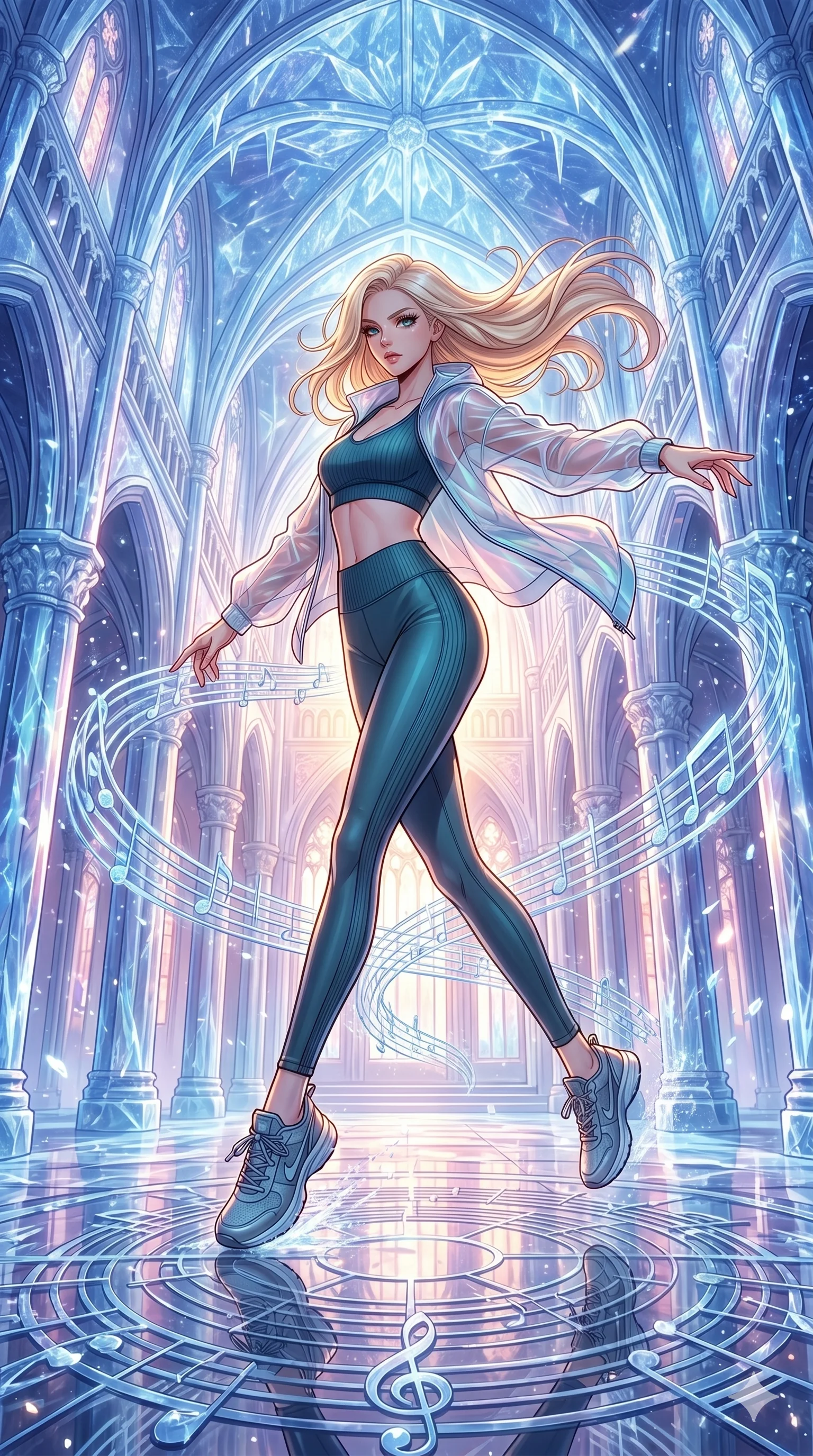 score_9, masterpiece, best quality, ultra-detailed, high-budget anime movie keyframe, cinematic anime lighting, intricate line art, Korean anime girl. Dynamic full-body shot stretching the vertical silhouette with extreme perspective. spinning in a cathedral made of frozen music notes. She has an absolutely perfect 8-heads proportion, an exceptionally tall and slender female figure with an ultra-slim waist and impossibly long slender legs. strictly human anatomy, two legs only, no extra limbs, clearly defined legs and arms, perfect anatomy, perfect hands and fingers. sharp v-shaped jawline, high-bridge nose, intricate jewel-like eyes, thick eyelashes, glossy lips. Wearing Premium Athleisure: Ribbed sports bra and leggings set, sheer windbreaker, and sleek high-performance activewear. The scene is illuminated by dramatic atmospheric lighting and vibrant color palettes. , 2k, ultra detail, master piece, 9:16 ratio
