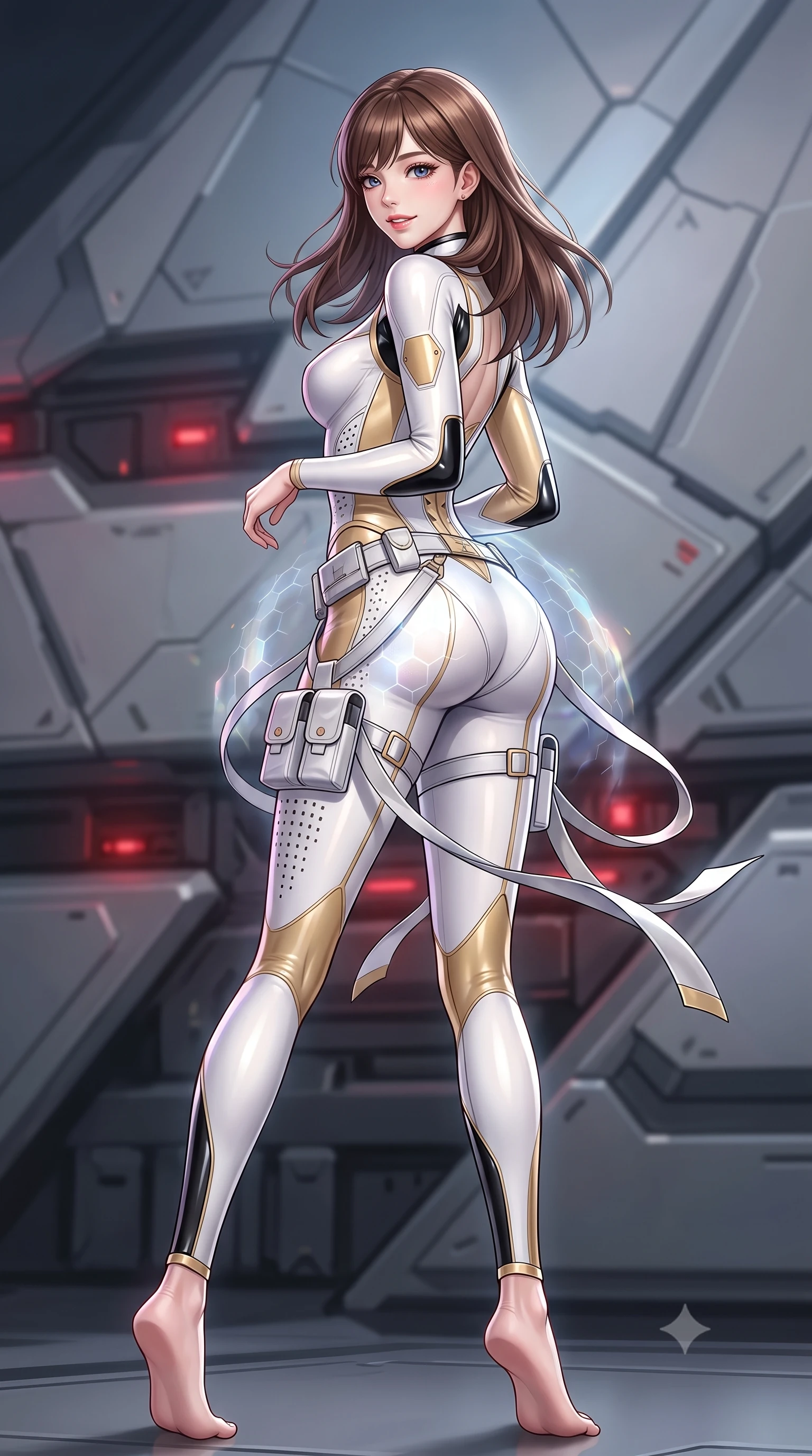 score_9, masterpiece, best quality, ultra-detailed, high-budget anime keyframe, semi-realistic 3D game render, editorial fashion photography, tasteful artistic composition, Korean woman. low angle full-body shot from head to toe showing her feet, filling the entire 9:16 vertical frame with her statuesque presence, stretching her vertical silhouette. executing a cheerful mid-motion pivot turn as her tactical belt and ribbons flutter around her slender legs, glancing over her shoulder with an intoxicating, teasing bedroom-gaze while twisting her slender torso in an alluring contrapposto stance, shimmering hexagonal cloaking waves rippling across her curvy hips and waist. The background shows a soft-focus angular radar-deflecting cruiser bulkheads and low-intensity red tactical lights softened in covert military shallow focus. She has an absolutely perfect, statuesque 8.5-heads proportion, an exceptionally tall and slender model-like female figure with impossibly long slender legs, an ultra-slim waist, a flat toned midriff, narrow delicate ribcage, and beautifully sculpted feminine hips creating a graceful, slim hourglass silhouette without any bulky heaviness. sharp v-shaped jawline, high-bridge nose, intricate jewel-like sparkling eyes with depth, thick eyelashes, glossy parted lips with a natural sheen, bright confident smile with an enchanting and coquettish sensual glint, exuding both youthful magnetic charm and sovereign high-tech allure, flawlessly proportioned anatomical accuracy, strict slender model proportions, natural body alignment, perfectly sculpted long slender limbs, ultra-slim waistline, clean dynamic posture without body distortion. wearing a form-fitting white-and-gold zero-gravity EVA jumpsuit with an ultra-slim corseted waist and exposed clavicle line in glossy onyx black and warm champagne gold hardware, made of high-grade ballistic nylon with precision laser-cut perforations, finished with sharp laser-cut side ventilation slits framed by silver hardware rings, the liquid-tight tailored fabric clinging flawlessly to her narrow waist and rounded feminine hips, emphasizing every millimeter of her sculpted slim hourglass curves without any bulky heaviness. illuminated by active-camouflage iridescent shimmers and sharp silver rim lights sculpting her razor-sharp jawline, narrow waist, and curvy hips. highly saturated vibrant anime colors, detailed shading with soft gradients, rich glossy textures, high-contrast stereoscopic depth, volumetric dynamic lighting, master piece, 9:16 ratio