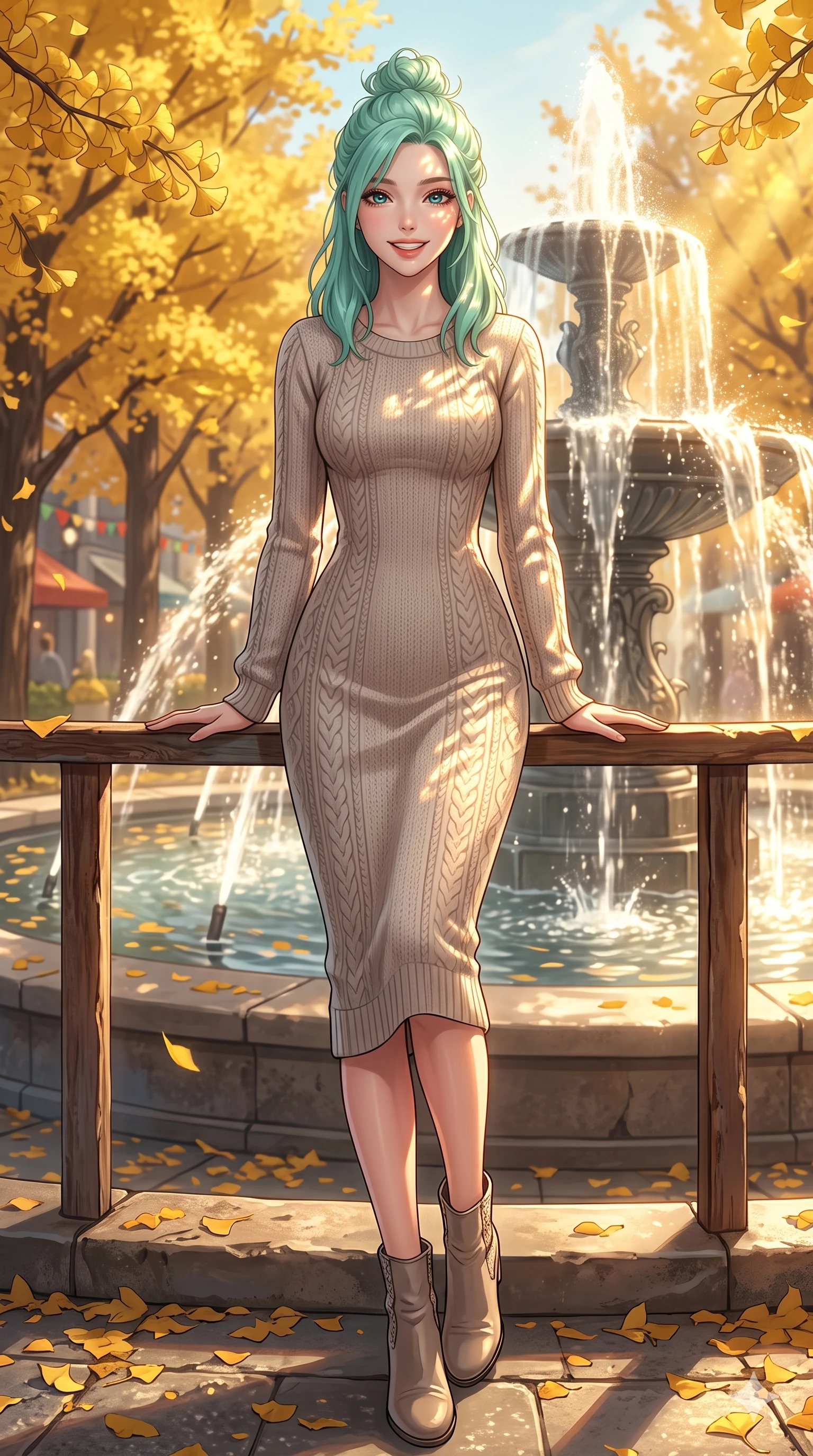 score_9, masterpiece, best quality, ultra-detailed, high-budget anime keyframe, vibrant anime aesthetic, Japanese woman. low angle full-body shot from head to toe showing her feet, filling the entire 9:16 vertical frame with her statuesque presence, stretching her vertical silhouette. She is leaning on a terrace rail, looking at the viewer with a bright, joyful smile in winter by a city fountain plaza surrounded by golden gingko trees and sun (Code-P21-033). She has an absolutely perfect 8-heads proportion, an exceptionally tall and slender female figure with impossibly long slender legs and an ultra-slim waist. V-shaped jawline, high-bridge nose, intricate jewel-like eyes with depth, thick eyelashes, glossy lips with a natural sheen. wearing a winter knit midi dress with long sleeves and ankle boots. She is warm golden afternoon sunbeams reflecting off the fountain, dancing on her face. 2k, ultra detail, master piece, 9:16 ratio