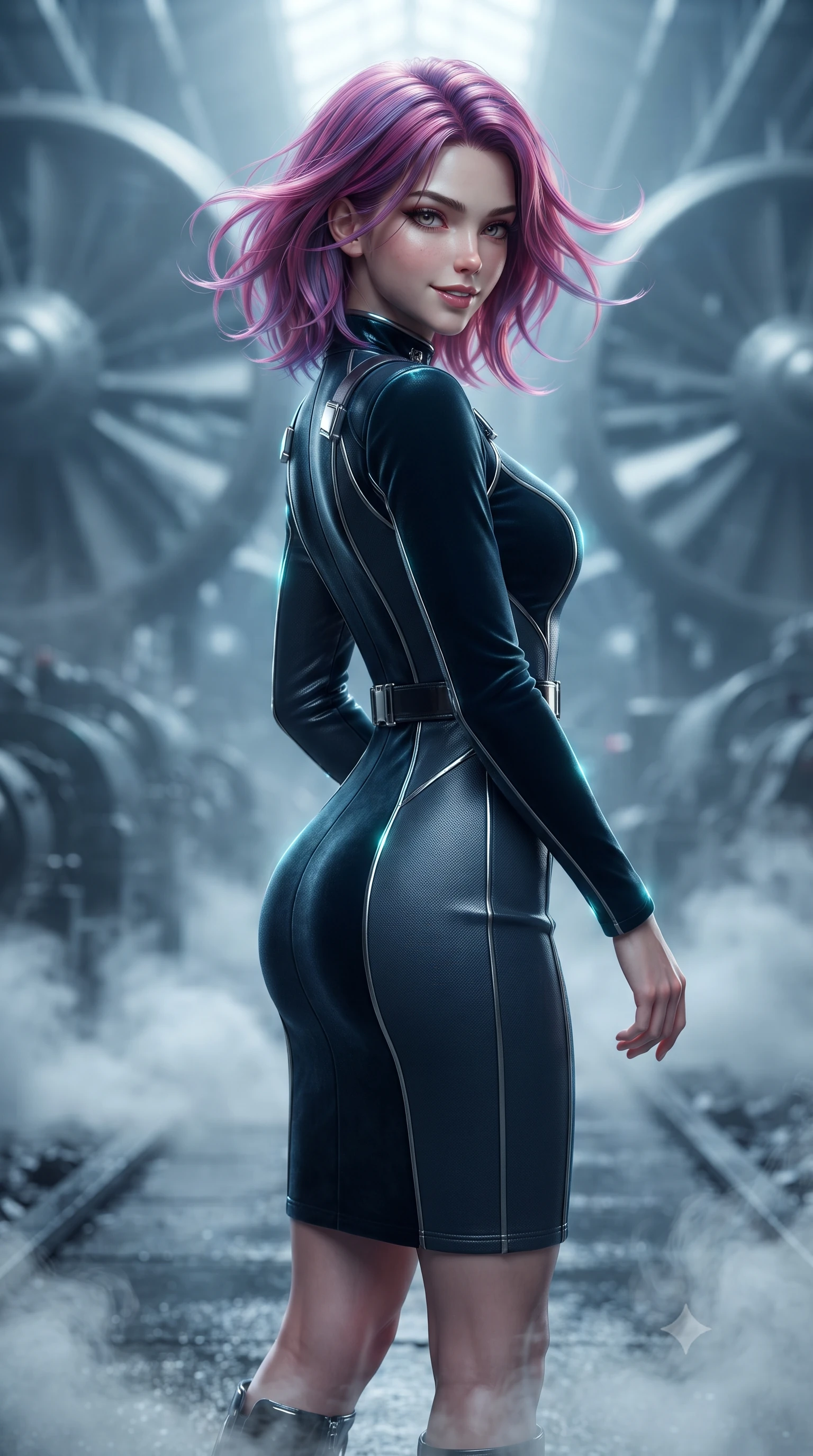 score_9, masterpiece, best quality, ultra-detailed, high-budget anime keyframe, editorial fashion photography, tasteful artistic composition, Caucasian woman. close-up cowboy shot from the waist and thighs up, the character dominates the composition, filling the frame with her large presence. turning slowly with an enchanting smoldering smile, her glossy hair tossing in the breeze as her hips angle gracefully in a captivating contrapposto while standing poised on the wet black basalt walkway beside the colossal spinning cooling turbine, arching her spine with tactical warrior grace as dense mineral steam swirls around her boots. The background shows a soft-focus dense mineral thermal vapor softened in geothermal turbine cathedral shallow focus. She has an exceptionally elegant, slender, and willowy female figure with an ultra-slim waist, flat toned midriff, narrow ribcage, and sculpted feminine hips creating an alluring, slim hourglass silhouette without bulk. sharp v-shaped jawline, high-bridge nose, intricate jewel-like sparkling eyes with depth, thick eyelashes, glossy parted lips with a natural peach sheen, bright cheerful beaming smile with an enchanting and coquettish sensual glint, exuding both youthful cute charm and seductive allure, flawlessly proportioned anatomical accuracy, strict slender model proportions, natural body alignment, perfectly sculpted long slender limbs, ultra-slim waistline, clean dynamic posture without body distortion. wearing a tailored liquid velvet combat sheath dress with subtle metallic piping following her feminine curves without bulk in tactical carbon navy and polished chrome, woven from buttery-soft stretch lambskin leather adhering to her body like a second skin, finished with sleek magnetic buckle closures fluttering in the breeze, the bespoke structured tailoring following the natural line of her 8.5-heads silhouette with refined elegance. illuminated by wet basalt reflection bounce and sharp electric-cyan rim lights defining her dewy collarbones, ultra-slim waist, and curvy hips. ultra-reflective glossy finish, specular highlights, rich textural contrasts, high-contrast stereoscopic depth, volumetric dynamic lighting, 2k, ultra detail, master piece, 9:16 ratio