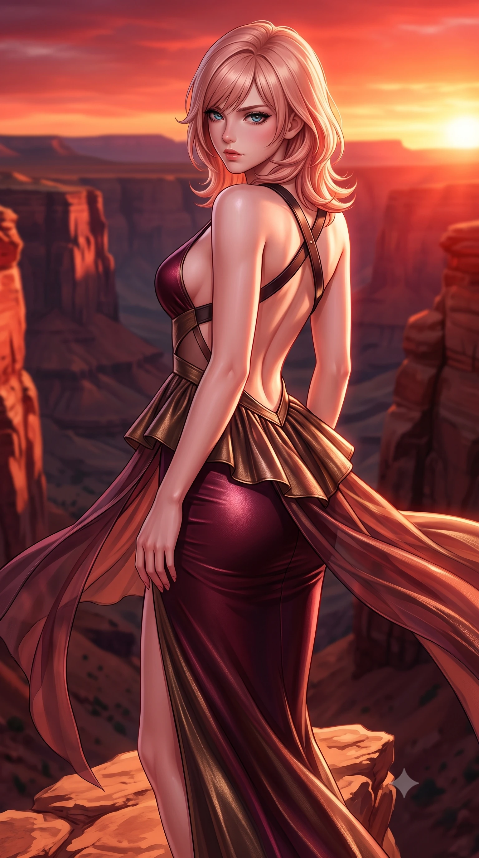 score_9, masterpiece, best quality, ultra-detailed, high-budget anime keyframe, semi-realistic 3D game render, editorial fashion photography, tasteful artistic composition, Japanese woman. close-up cowboy shot from the waist and thighs up, the character dominates the composition, filling the frame with her large presence. leaning back with relaxed seductive grace, her sculpted collarbones and narrow waist highlighted as she casts smoldering bedroom-eyes directly into the camera while standing poised on the canyon overlook rock ledge, the desert sunset wind fluttering her sheer wrap to reveal her long legs and narrow waist. The surrounding environment is rendered in vivid detail and crisp panoramic clarity. rich high-contrast desert vortex chiaroscuro and ultra-luxury Southwestern sanctuary aesthetics in precision. She has an exceptionally elegant, slender, and willowy female figure with an ultra-slim waist, flat toned midriff, narrow ribcage, and sculpted feminine hips creating an alluring, slim hourglass silhouette without bulk. sharp v-shaped jawline, high-bridge nose, intricate jewel-like eyes with depth, thick eyelashes, glossy parted lips with a natural sheen, intensely captivating and seductive bedroom-eyes expression, flawlessly proportioned anatomical accuracy, strict slender model proportions, natural body alignment, perfectly sculpted long slender limbs, ultra-slim waistline, clean dynamic posture without body distortion. wearing a structural geometric peplum gown with sheer side-ribbon cutouts and form-fitting skirt in deep wine burgundy and antique bronze, crafted from luxurious metallic lamé that shifts radiance with every step, featuring an open-back criss-cross harness strap in dark leather, the dramatically scooped open back descending to the base of her spine, accentuating her razor-sharp statuesque lines and slim hourglass silhouette. bathed in blazing crimson and copper sunset backlighting and warm sandstone bounce fill. highly saturated vibrant anime colors, detailed shading with soft gradients, rich glossy textures, high-contrast stereoscopic depth, volumetric dynamic lighting, master piece, 9:16 ratio