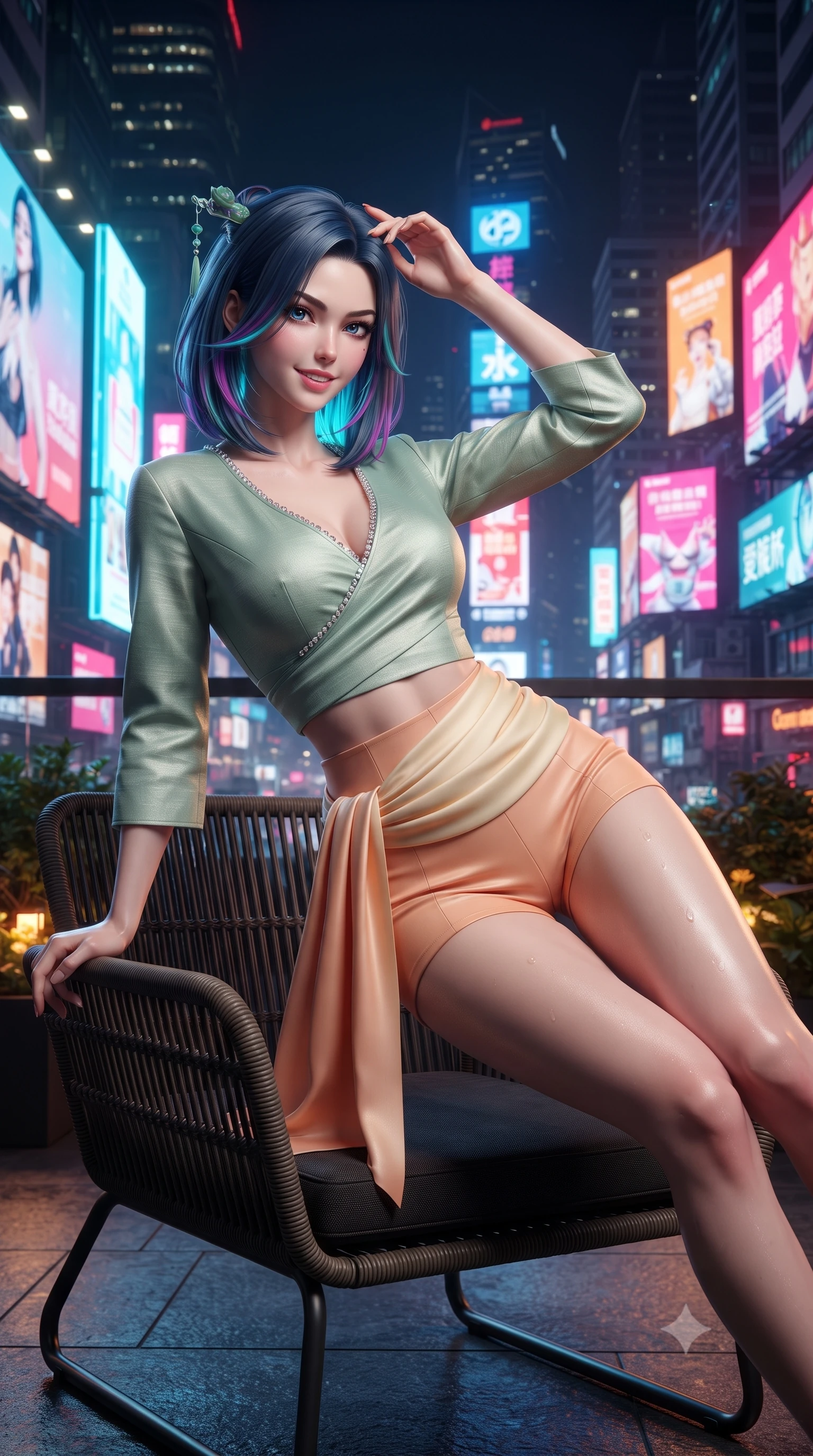 score_9, masterpiece, best quality, ultra-detailed, high-budget anime keyframe, editorial fashion photography, tasteful artistic composition, Caucasian woman. close-up cowboy shot from the waist and thighs up, the character dominates the composition, filling the frame with her large presence. tilting her head with an alluring smile while arching her spine with dancer poise, one hand touching her ornate jade hairpin in a flirtatious S-curve while lounging in a modernist low rattan lounge with legs extended, her high-slit modern fusion gown glowing under colossal skyscraper billboards. The surrounding environment is rendered in vivid detail and crisp panoramic clarity: detailed silk dress drape, neon specular reflections on skin, and dense Asian megacity architecture in high resolution. She has an exceptionally elegant, slender, and willowy female figure with an ultra-slim waist, flat toned midriff, narrow ribcage, and sculpted feminine hips creating an alluring, slim hourglass silhouette without bulk. sharp v-shaped jawline, high-bridge nose, intricate jewel-like dark sparkling almond eyes with depth, thick lashes, glossy parted lips with a natural rose-plum sheen, bright alluring and coquettish smile with bedroom-eyes, exuding both timeless oriental elegance and sovereign high-fashion allure, flawlessly proportioned anatomical accuracy, strict slender model proportions, natural body alignment, perfectly sculpted long slender limbs, ultra-slim waistline, clean dynamic posture without body distortion. wearing a modern tailored martial-arts-inspired wrap crop top paired with skin-tight high-cut combat shorts and silk sashes in warm peach apricot and soft vanilla silk, tailored from smooth celadon raw silk with natural organic slub texture, finished with subtle crystal rhinestones tracing the elegant neckline, the high-waisted wrap tailoring accentuating her ultra-slim waistline and the enchanting curve of her feminine hips with alluring oriental charm. illuminated by rooftop garden amber accents and sharp laser-cyan rim lighting sculpting her razor-sharp jawline, narrow waist, and curvy hips. ultra-reflective glossy finish, specular highlights, rich textural contrasts, high-contrast stereoscopic depth, volumetric dynamic lighting, 2k, ultra detail, master piece, 9:16 ratio