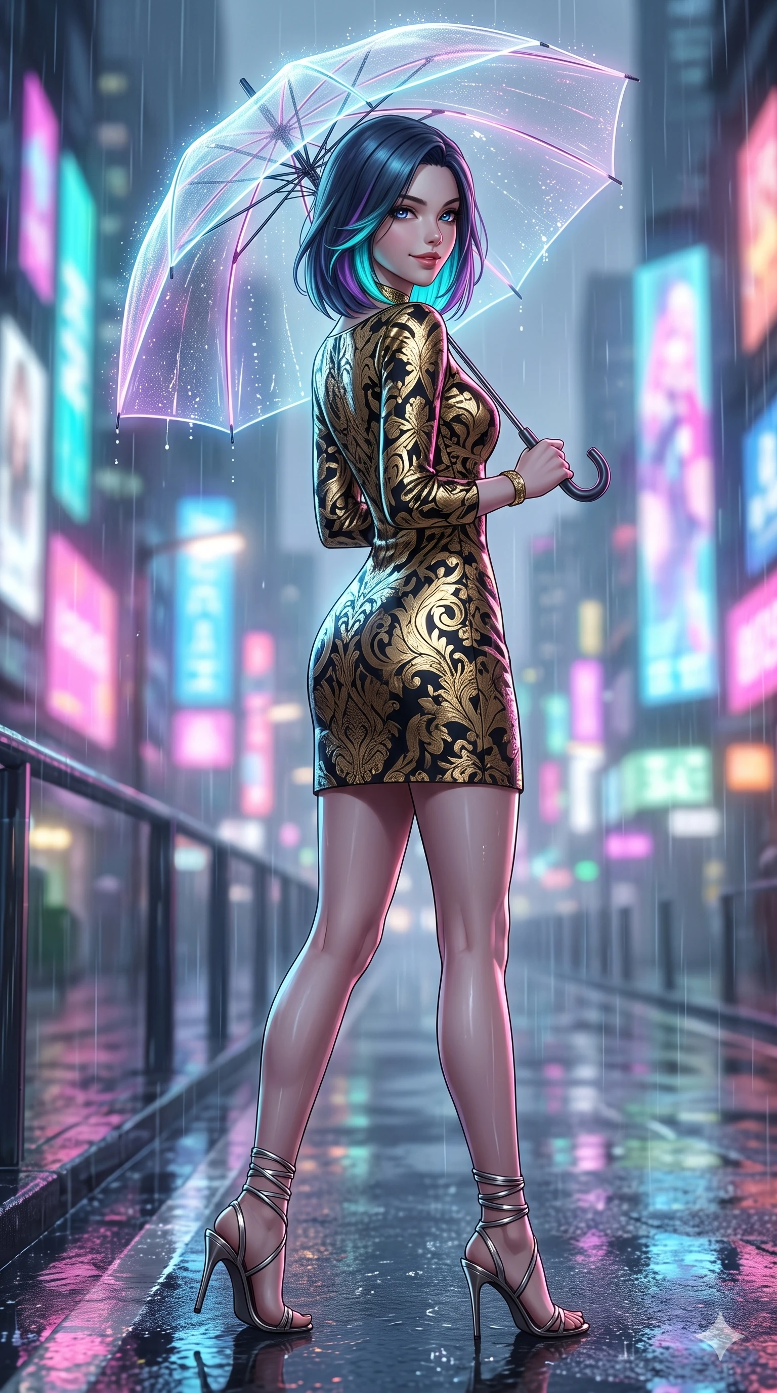 score_9, masterpiece, best quality, ultra-detailed, high-budget anime keyframe, editorial fashion photography, tasteful artistic composition, Caucasian woman. low angle full-body shot from head to toe showing her feet, filling the entire 9:16 vertical frame with her statuesque presence, stretching her vertical silhouette. walking along the terrace with poise, looking back over her bare shoulder with an irresistible smoldering bedroom-gaze while standing poised on the wet asphalt boulevard beneath a glowing translucent umbrella with laser ribs, arching her lower back with sovereign supermodel allure as rain droplets scatter neon light. The background shows a soft-focus fine urban rain mist softened in cyberpunk neon boulevard shallow focus. She has an exceptionally tall and slender model-like 8.5-heads proportion, an ultra-slim waist, a flat toned midriff, narrow delicate ribcage, and beautifully sculpted feminine hips creating a graceful, slim hourglass silhouette without any bulky heaviness, with impossibly long slender legs. sharp v-shaped jawline, high-bridge nose, intricate jewel-like sparkling eyes with depth, thick eyelashes, glossy parted lips with a natural peach sheen, bright cheerful beaming smile with an enchanting and coquettish sensual glint, exuding both youthful cute charm and seductive allure, flawlessly proportioned anatomical accuracy, strict slender model proportions, natural body alignment, perfectly sculpted long slender limbs, ultra-slim waistline, clean dynamic posture without body distortion. wearing an aristocratic gold-leaf jacquard brocade shift dress with high boat neckline and bracelet sleeves in deep obsidian black and liquid molten platinum, tailored from high-density tech-wool with subtle metallic thread weave, complemented by strappy stiletto sandals with metallic ankle wraps accentuating her slender calves, the bespoke structured tailoring following the natural line of her 8.5-heads silhouette with refined elegance. bathed in the dynamic multi-colored glow of towering holographic billboards mixed with street rain reflections. ultra-reflective glossy finish, specular highlights, rich textural contrasts, high-contrast stereoscopic depth, volumetric dynamic lighting, 2k, ultra detail, master piece, 9:16 ratio