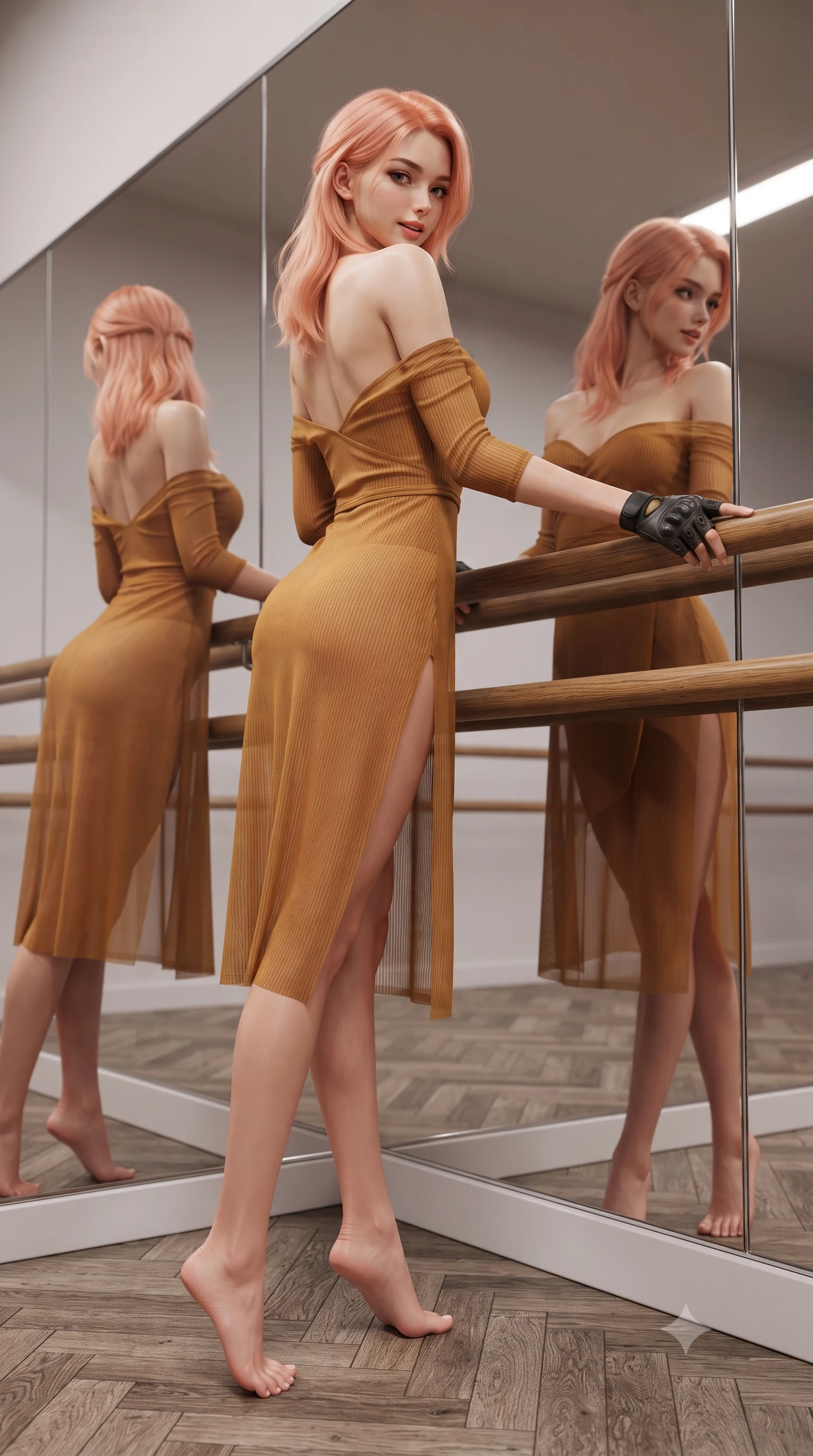 score_9, masterpiece, best quality, ultra-detailed, high-budget anime keyframe, editorial fashion photography, tasteful artistic composition, Japanese woman. low angle full-body shot from head to toe showing her feet, filling the entire 9:16 vertical frame with her statuesque presence, stretching her vertical silhouette. walking along the terrace with poise, looking back over her bare shoulder with an irresistible smoldering bedroom-gaze while leaning back against the barre with hips cocked back, looking into the floor-to-ceiling mirror with an alluring, parted-lip smile. The surrounding environment is rendered in vivid detail and crisp panoramic clarity: sharp polished wooden barre grain, oak parquet floor seams, and crystal clear mirror reflection in deep focus. She has an absolutely perfect, statuesque 8.5-heads proportion, an exceptionally tall and slender model-like female figure with impossibly long slender legs, an ultra-slim waist, a flat toned midriff, narrow delicate ribcage, and beautifully sculpted feminine hips creating a graceful, slim hourglass silhouette without any bulky heaviness. sharp v-shaped jawline, high-bridge nose, sparkling eyes with hypnotic seductive depth, thick curled eyelashes, glossy parted lips with a natural dewy peach sheen, alluring bedroom-eyes with an enchanting coquettish smile, exuding magnetic siren charisma and sophisticated glamour, flawlessly proportioned anatomical accuracy, strict slender model proportions, natural body alignment, perfectly sculpted long slender limbs, ultra-slim waistline, clean dynamic posture without body distortion. wearing a delicate sheer gossamer chiffon ballet wrap dress slipping off bare shoulders with a daring hip-high leg slit in warm amber honey and antique gold leaf, tailored from fine ribbed modal knit with gentle elastic contouring and soft hand-feel, finished with fingerless matte leather tactical driving gloves with reinforced knuckles, the second-skin tailored fabric adhering flawlessly to her sculpted flat midriff and slender torso, emphasizing her long leg lines and perfectly proportioned willowy build. illuminated by mirror reflection bounce and sharp platinum rim lights sculpting her jawline, flat midriff, and voluptuous hip curves. ultra-reflective glossy finish, specular highlights, rich textural contrasts, high-contrast stereoscopic depth, volumetric dynamic lighting, 2k, ultra detail, master piece, 9:16 ratio