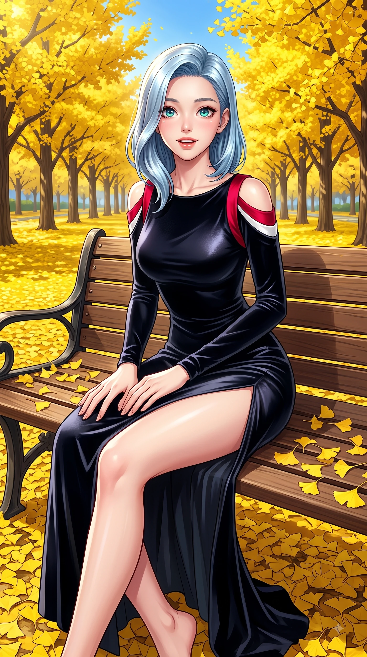 score_9, masterpiece, best quality, ultra-detailed, high-budget anime keyframe, editorial fashion photography, tasteful artistic composition, Korean woman. close-up cowboy shot from the waist and thighs up, the character dominates the composition, filling the frame with her large presence. Expectant hopeful expression with wide sparkling eyes and a soft eager smile as if waiting for a loved one while sitting on a classic park bench surrounded by a carpet of bright yellow fallen leaves. The surrounding environment is rendered in vivid detail and crisp panoramic clarity. endless golden ginkgo tree arcades, detailed leaf carpets, and crisp blue sky in panoramic focus. She has an exceptionally elegant, slender, and willowy female figure with an ultra-slim waist, a gracefully sculpted slender torso, and a refined silhouette. sharp v-shaped jawline, high-bridge nose, intricate jewel-like eyes with depth, thick eyelashes, glossy lips with a natural sheen, flawlessly proportioned anatomical accuracy, natural body alignment, perfectly sculpted elegant limbs, clean dynamic posture without body distortion. wearing a dramatic black velvet evening gown with a high leg slit and subtle shoulder cutouts in vibrant crimson red and crisp snow white, made of premium stretch velvet with a rich glossy sheen, finished with a sleek side slit ascending to mid-thigh, the chic fashion cut framing her graceful clavicle and slender torso. illuminated by bright glowing yellow ambient light and clear sky refractions. highly saturated vibrant anime colors, detailed shading with soft gradients, rich glossy textures, high-contrast stereoscopic depth, volumetric dynamic lighting, master piece, 9:16 ratio