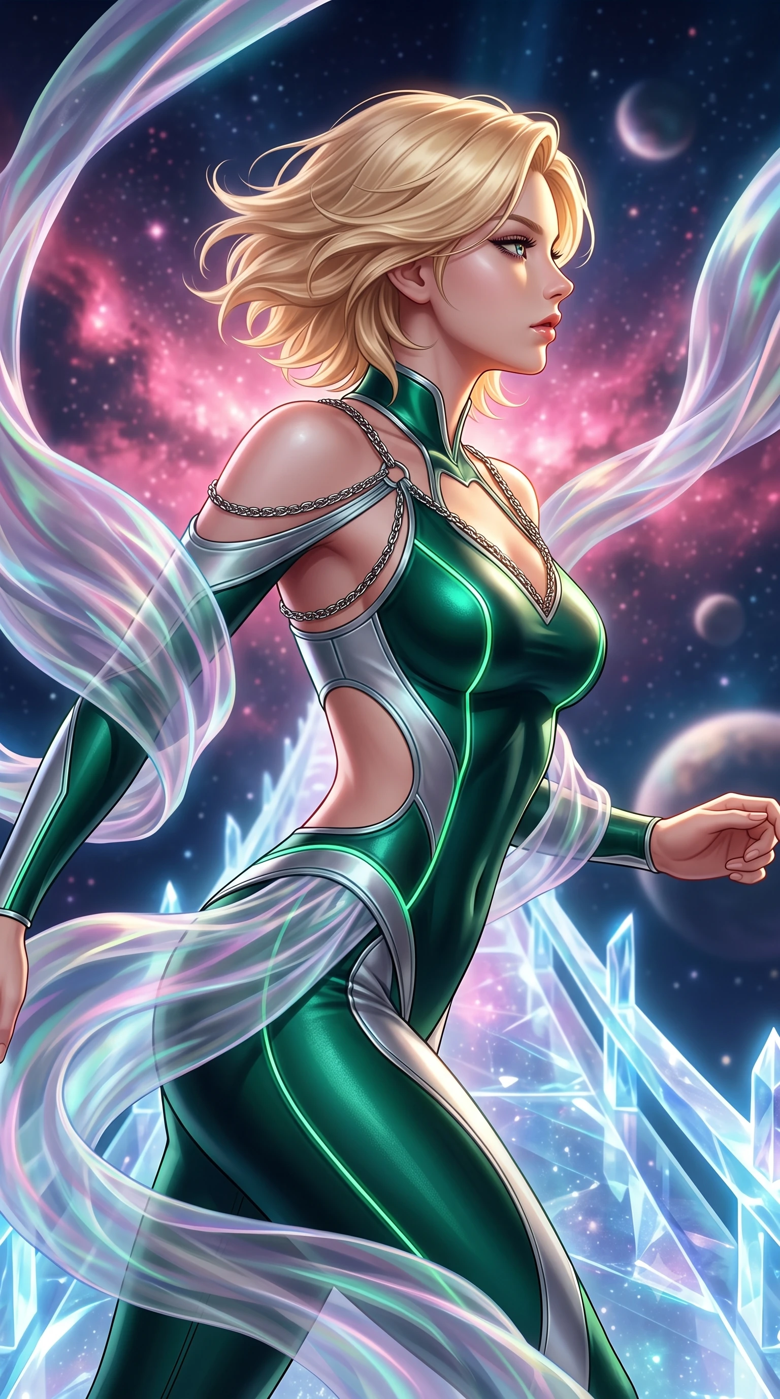 score_9, masterpiece, best quality, ultra-detailed, high-budget anime keyframe, editorial fashion photography, tasteful artistic composition, Caucasian woman. close-up cowboy shot from the waist and thighs up, the character dominates the composition, filling the frame with her large presence, background elements kept in soft focus. Turning her face in sharp profile while her upper body leans forward with poised athletic grace while stepping forward with proud posture along a crystalline bridge under a cosmic aurora, translucent silk drapes swirling in a dynamic cosmic wind vortex. She has an exceptionally elegant, slender, and willowy female figure with an ultra-slim waist, a gracefully sculpted slender torso, and a refined silhouette. sharp v-shaped jawline, high-bridge nose, intricate jewel-like eyes with depth, thick eyelashes, glossy lips with a natural sheen, flawlessly proportioned anatomical accuracy, natural body alignment, perfectly sculpted elegant limbs, clean dynamic posture without body distortion. wearing a skin-tight cybernetic bodysuit with glowing neon seams and side cutouts in deep emerald green and silver accent, formed from sleek second-skin neoprene, adorned with delicate metallic chain straps along the neckline, the sleek second-skin texture accentuating her magnetic presence. bathed in dramatic cosmic pink and navy nebula backlighting with gold key light. highly saturated vibrant anime colors, detailed shading with soft gradients, rich glossy textures, high-contrast stereoscopic depth, volumetric dynamic lighting, master piece, 9:16 ratio