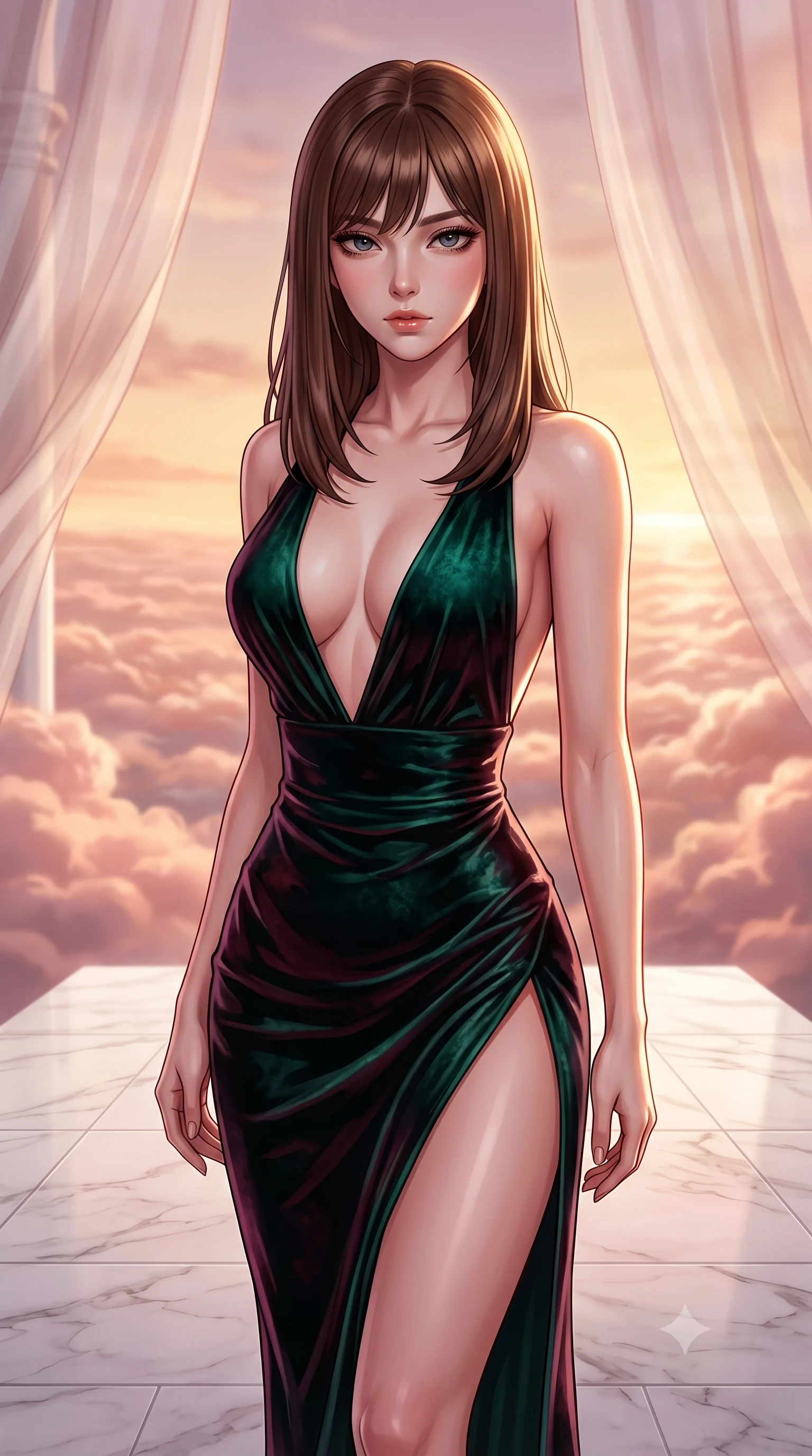 score_9, masterpiece, best quality, ultra-detailed, high-budget anime keyframe, editorial fashion photography, tasteful artistic composition, Korean woman. close-up cowboy shot from the waist and thighs up, the character dominates the composition, filling the frame with her large presence, background elements kept in soft focus. Leaning slightly forward with a composed, seductive gaze under soft glowing light standing on a floating white marble terrace above a sea of rose-gold clouds, translucent silk curtains drifting lazily in a warm sky breeze. She has an exceptionally elegant, slender, and willowy female figure with an ultra-slim waist, a gracefully sculpted slender torso, and a refined silhouette. sharp v-shaped jawline, high-bridge nose, intricate jewel-like eyes with depth, thick eyelashes, glossy lips with a natural sheen. wearing a backless crushed velvet gown with a deep plunging V-neckline and a high thigh slit, the glove-like fit emphasizing her statuesque silhouette. illuminated by soft glowing sunset radiance with dramatic golden rim highlights. highly saturated vibrant anime colors, detailed shading with soft gradients, rich glossy textures, high-contrast stereoscopic depth, volumetric dynamic lighting, master piece, 9:16 ratio