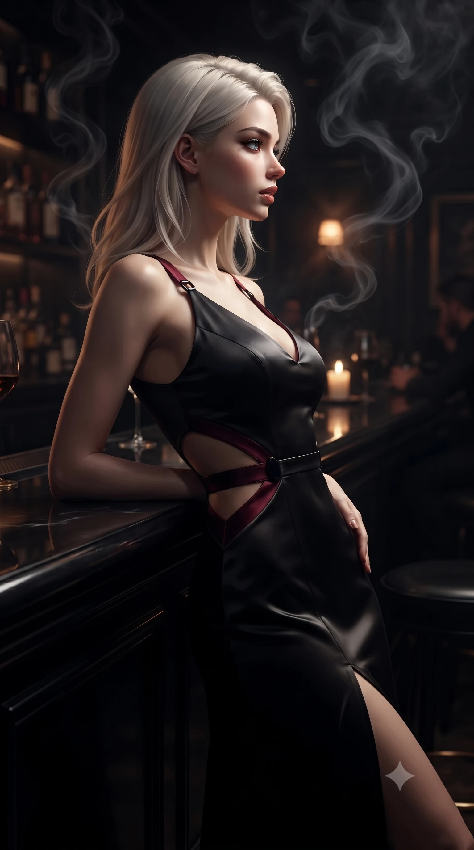 score_9, masterpiece, best quality, ultra-detailed, high-budget anime keyframe, editorial fashion photography, tasteful artistic composition, Caucasian woman. close-up cowboy shot from the waist and thighs up, the character dominates the composition, filling the frame with her large presence, background elements kept in soft focus. Turning her face in sharp dramatic profile against the moody key light, resting on a dark polished onyx bar counter under a single warm amber spotlight, swirling smoky trails rising gracefully into the dark moody air. She has an exceptionally elegant, slender, and willowy female figure with an ultra-slim waist, a gracefully sculpted slender torso, and a refined silhouette. sharp v-shaped jawline, high-bridge nose, intricate jewel-like eyes with depth, thick eyelashes, glossy lips with a natural sheen. wearing draped obsidian silk gown featuring tasteful waist slit cutouts in deep crimson burgundy, made of soft dark satin, adorned with minimalist black onyx hardware framing the silhouette, following her slender form with tailored precision. drenched in moody chiaroscuro with soft candle glow and deep dark tones. ultra-reflective glossy finish, specular highlights, metallic sheen, high-contrast stereoscopic depth, volumetric dynamic lighting, 2k, ultra detail, master piece, 9:16 ratio