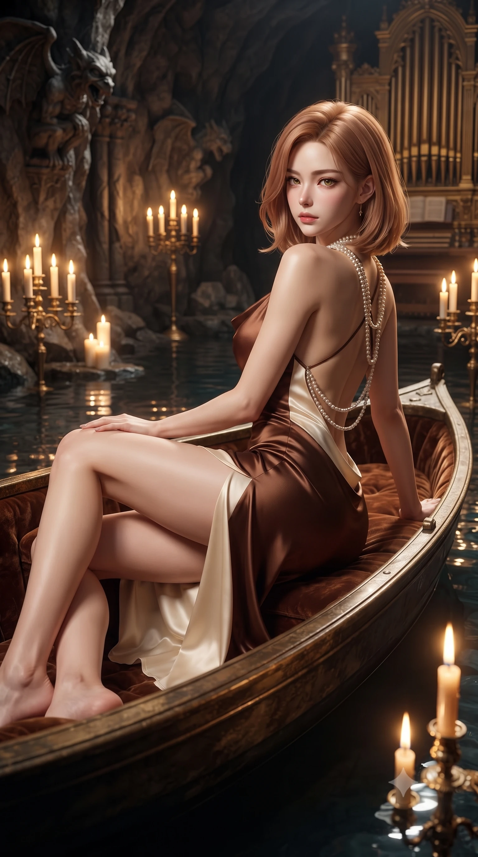 score_9, masterpiece, best quality, ultra-detailed, high-budget anime keyframe, editorial fashion photography, tasteful artistic composition, Korean woman. close-up cowboy shot from the waist and thighs up, the character dominates the composition, filling the frame with her large presence. leaning back with relaxed seductive grace, her sculpted collarbones and narrow waist highlighted as she casts smoldering bedroom-eyes directly into the camera while reclining languidly on an antique velvet-lined skiff floating on the subterranean black lake, arching her spine with one knee bent as candlelight traces her curvy hips. The surrounding environment is rendered in vivid detail and crisp panoramic clarity. sharp carved gothic gargoyle textures, gilded organ pipe polish, and wet cavern flagstones in deep focus. She has an exceptionally elegant, slender, and willowy female figure with an ultra-slim waist, flat toned midriff, narrow ribcage, and sculpted feminine hips creating an alluring, slim hourglass silhouette without bulk. sharp v-shaped jawline, high-bridge nose, intricate jewel-like eyes with depth, thick eyelashes, glossy parted lips with a natural sheen, intensely captivating and seductive bedroom-eyes expression, flawlessly proportioned anatomical accuracy, strict slender model proportions, natural body alignment, perfectly sculpted long slender limbs, ultra-slim waistline, clean dynamic posture without body distortion. wearing a backless cowl-neck satin slip dress featuring high-cut side hip slits and delicate criss-cross back straps in rich equestrian cognac brown and crisp champagne cream, woven from layered gossamer chiffon with a weightless sweeping drape, accented with a multi-strand pearl back necklace cascading down her bare spine to her hips, the form-contouring material adhering flawlessly to her sculpted flat midriff and slender torso, emphasizing her long leg lines and perfectly proportioned willowy build. bathed in warm golden candelabra flicker from all sides and soft subterranean lake water reflections. ultra-reflective glossy finish, specular highlights, rich textural contrasts, high-contrast stereoscopic depth, volumetric dynamic lighting, 2k, ultra detail, master piece, 9:16 ratio