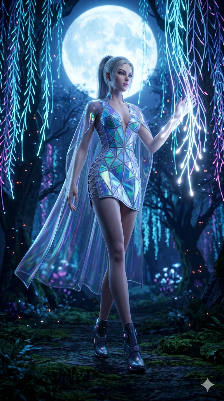 score_9, masterpiece, best quality, ultra-detailed, Semi-realistic 3D Game Render, high-fidelity character model, intricate textures, dynamic particle effects, Unreal Engine 5 aesthetic, crisp 3D depth, Caucasian woman with pale skin and refined features. Dynamic full-body shot stretching the vertical silhouette, capturing her from a powerful low-angle perspective. Walking through a forest of fiber-optic vines that react to her touch by glowing brighter. She has an absolutely perfect 8-heads proportion, an exceptionally tall and slender female figure with impossibly long slender legs and an ultra-slim waist, her statuesque height and towering silhouette dominating the vertical 9:16 frame. Her face is a masterpiece featuring a sharp v-shaped jawline, high-bridge nose, intricate jewel-like eyes with depth, thick eyelashes, and glossy lips with a natural sheen. She is wearing a Crystalline structure mini-dress with an iridescent vinyl cape, dangerous plunging neckline, and lace-up side panels.. The scene is set in a mystical grove under a giant glowing moon that illuminates the fiber-optic flora. 2k, ultra detail, master piece, 9:16 ratio
