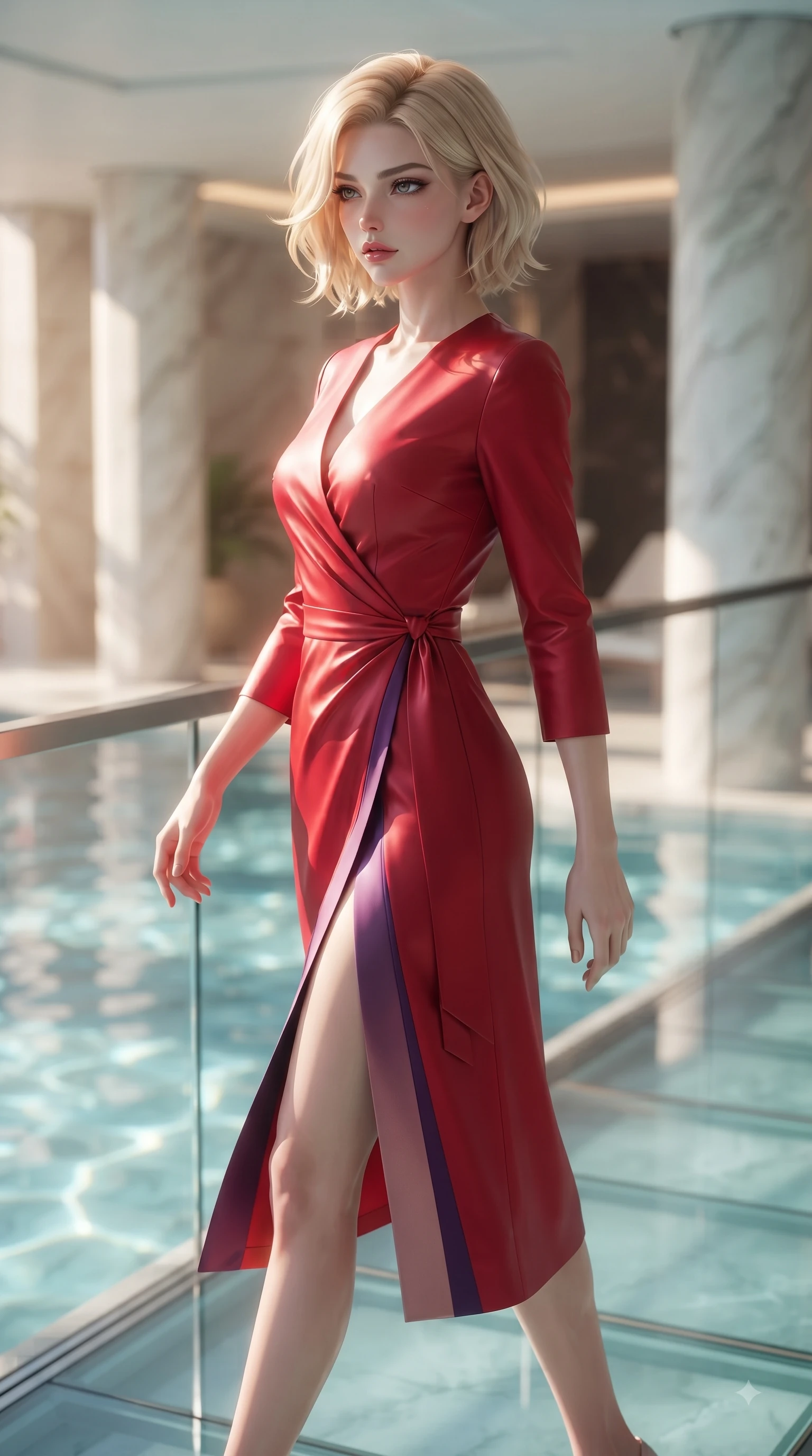 score_9, masterpiece, best quality, ultra-detailed, high-budget anime keyframe, editorial fashion photography, tasteful artistic composition, Caucasian woman. close-up cowboy shot from the waist and thighs up, the character dominates the composition, filling the frame with her large presence. Seductively magnetic look casting a fiery side-gaze with full glossy lips and smoldering glamour while stepping gracefully along a glass bridge overlooking a sunlit indoor reflecting pool. The composition keeps background elements in soft focus with dreamy bokeh. sunlit water refractions and marble pillars softened by creamy shallow depth of field. She has an exceptionally elegant, slender, and willowy female figure with an ultra-slim waist, a gracefully sculpted slender torso, and a refined silhouette. sharp v-shaped jawline, high-bridge nose, intricate jewel-like eyes with depth, thick eyelashes, glossy lips with a natural sheen, flawlessly proportioned anatomical accuracy, natural body alignment, perfectly sculpted elegant limbs, clean dynamic posture without body distortion. wearing a sleek ruby red wrap midi dress featuring a tasteful side leg slit in deep amethyst purple and rose gold, tailored from crisp high-density cotton poplin, accented with a delicate side waist sash creating fluid lines, the sleek second-skin fit accentuating her magnetic presence. illuminated by polished specular highlights and cool futuristic rim lighting. ultra-reflective glossy finish, specular highlights, metallic sheen, high-contrast stereoscopic depth, volumetric dynamic lighting, 2k, ultra detail, master piece, 9:16 ratio