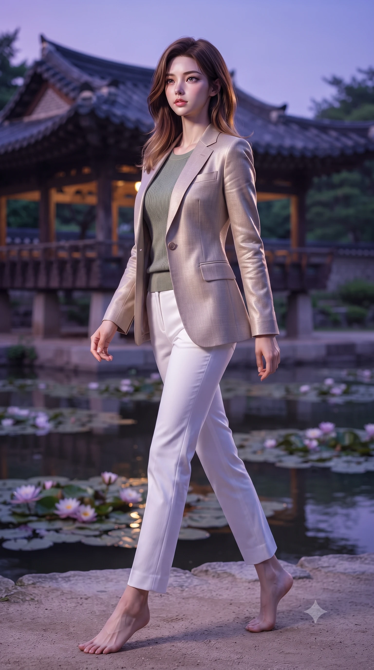 score_9, masterpiece, best quality, ultra-detailed, high-budget anime keyframe, editorial fashion photography, tasteful artistic composition, Korean woman. low angle full-body shot from head to toe showing her feet, filling the entire 9:16 vertical frame with her statuesque presence, stretching her vertical silhouette. stepping gracefully while looking back over her shoulder, her dress draped tightly to reveal her silhouette the background shows a soft-focus an old wooden pavilion overlooking a calm pond filled with blooming water lilies. She has an absolutely perfect, statuesque 8.5-heads proportion, an exceptionally tall and slender model-like female figure with impossibly long slender legs and an ultra-slim waist. sharp v-shaped jawline, high-bridge nose, intricate jewel-like eyes with depth, thick eyelashes, glossy lips with a natural sheen. wearing a body-hugging tailored beige linen blazer over a sage green knit top and white trousers. the serene purple and blue hues of twilight reflecting on the still water. ultra-reflective glossy finish, specular highlights, metallic sheen, high-contrast stereoscopic depth, volumetric dynamic lighting, 2k, ultra detail, master piece, 9:16 ratio