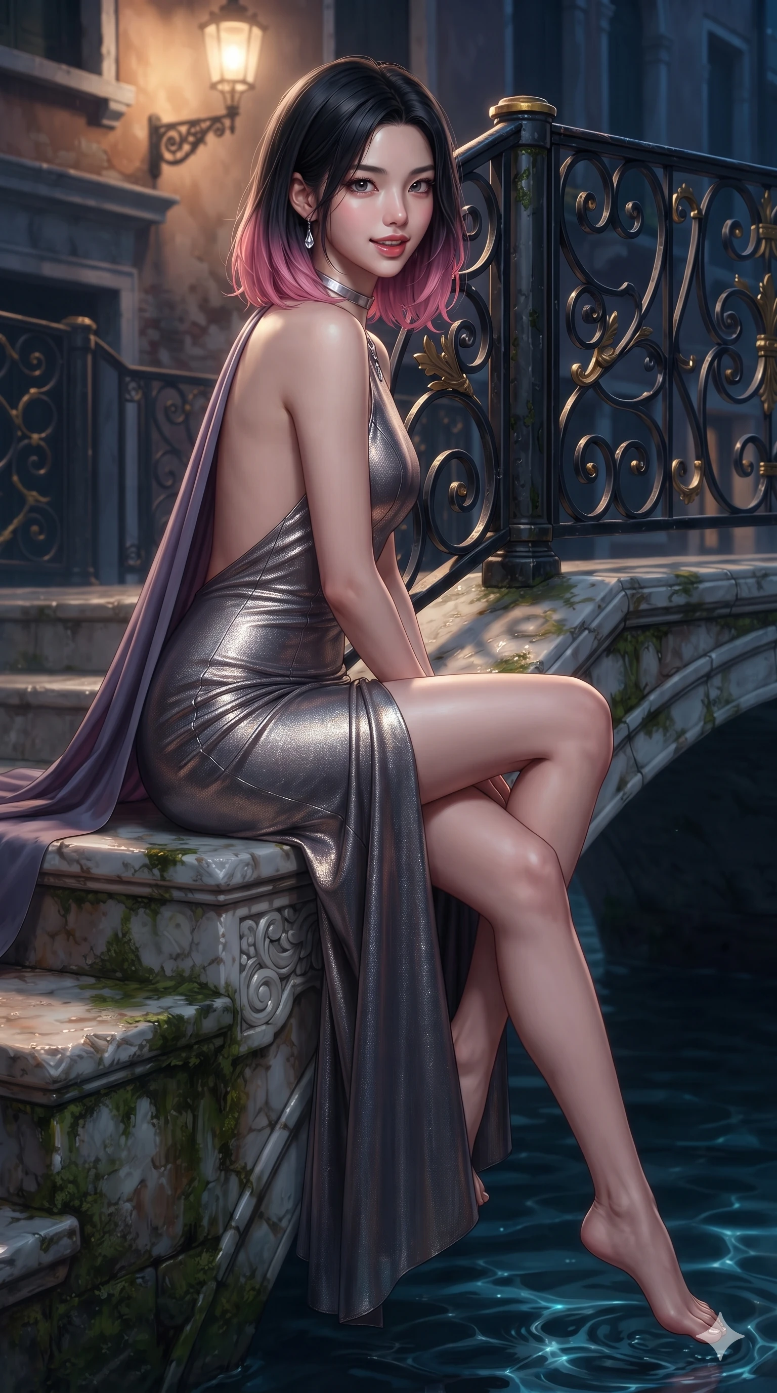 score_9, masterpiece, best quality, ultra-detailed, high-budget anime keyframe, editorial fashion photography, tasteful artistic composition, Korean woman. close-up cowboy shot from the waist and thighs up, the character dominates the composition, filling the frame with her large presence. turning over a bare shoulder with an intoxicating, teasing smile, her soft hair framing her sharp jawline as her hips angle gracefully in a captivating contrapposto while sitting perched on the carved marble balustrade with legs crossed, her long slender limbs and statuesque 8.5-heads silhouette commanding the water gate. The surrounding environment is rendered in vivid detail and crisp panoramic clarity: sharp wrought-iron scrollwork with gold accents, wet mossy marble step texture, and crisp water ripple caustic patterns in deep focus. She has an exceptionally elegant, slender, and willowy female figure with an ultra-slim waist, flat toned midriff, narrow ribcage, and sculpted feminine hips creating an alluring, slim hourglass silhouette without bulk. sharp v-shaped jawline, high-bridge nose, intricate jewel-like eyes with depth, thick eyelashes, glossy parted lips with a natural sheen, intensely captivating and seductive bedroom-eyes expression, flawlessly proportioned anatomical accuracy, strict slender model proportions, natural body alignment, perfectly sculpted long slender limbs, ultra-slim waistline, clean dynamic posture without body distortion. wearing an elegant backless metallic lamé evening gown with a high jewel neckline and flowing silk capelet in Highland heather violet and slate granite, crafted from bespoke double-faced cashmere with an exceptionally soft tactile finish, finished with a minimalist chrome choker and a single teardrop diamond pendant, the impeccably tailored cut draping gracefully along her slender figure with aristocratic poise. bathed in romantic 2600K gaslight lantern radiance mixed with cool nocturnal canal reflections. ultra-reflective glossy finish, specular highlights, rich textural contrasts, high-contrast stereoscopic depth, volumetric dynamic lighting, 2k, ultra detail, master piece, 9:16 ratio
