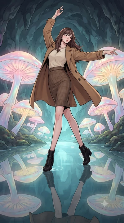 score_9, masterpiece, best quality, ultra-detailed, high-budget anime keyframe, gorgeous anime illustration, with clean line-art and distinct ink outlines, Korean woman. low angle full-body shot from head to toe showing her feet, filling the entire 9