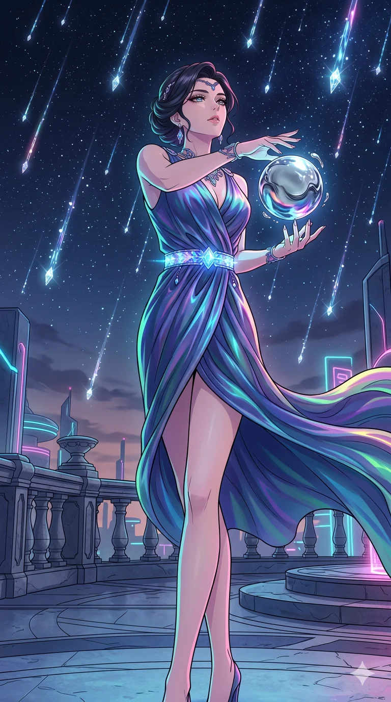 score_9, masterpiece, best quality, ultra-detailed, High-budget Anime Keyframe, vibrant colors, fluid line-art, expressive lighting, cinematic composition, Ufotable-style visual effects, top-tier animation quality, Japanese woman with delicate and elegant anime-inspired features. Low angle cowboy shot filling the entire 9:16 frame with her statuesque presence, looking up to emphasize her height. Manipulating a sphere of liquid mercury that reflects the neon pulse of the surroundings. She has an absolutely perfect 8-heads proportion, an exceptionally tall and slender female figure with impossibly long slender legs and an ultra-slim waist, her statuesque height and towering silhouette dominating the vertical 9:16 frame. Her face is a masterpiece featuring a sharp v-shaped jawline, high-bridge nose, intricate jewel-like eyes with depth, thick eyelashes, and glossy lips with a natural sheen. She is wearing a Iridescent silk wrap-dress that flows like water, secured by a glowing crystalline belt. The scene is set in a celestial terrace overlooking a planet where it rains liquid diamonds. 2k, ultra detail, master piece, 9:16 ratio