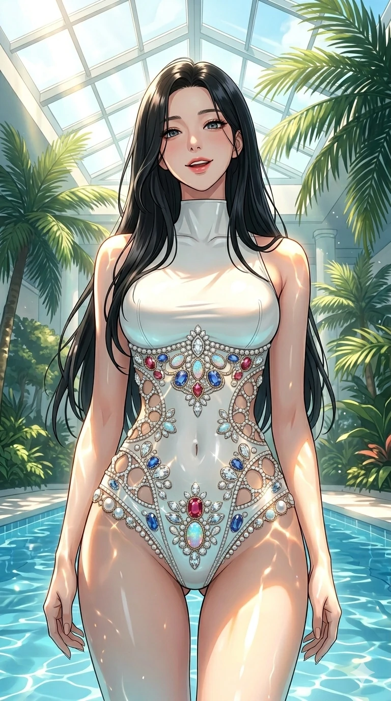 score_9, masterpiece, best quality, ultra-detailed, high-budget anime keyframe, editorial fashion photography, tasteful artistic composition, Korean woman. cowboy shot from the thighs up, character and outfit filling the frame for maximum editorial presence. looking down at the viewer with a playful, teasing smile, her lips slightly parted with a sultry charm by a sun-drenched indoor pool with a glass skylight, surrounded by lush palms. She has an absolutely perfect 8-heads proportion, an exceptionally tall and slender female figure with impossibly long slender legs and an ultra-slim waist. V-shaped jawline, high-bridge nose, intricate jewel-like eyes with depth, thick eyelashes, glossy lips with a natural sheen. wearing a skin-tight glove-like white latex bodysuit with dramatic curved cutouts that expose her waist and hip contours. bathed in bright morning sunbeams refracting through the water, creating dancing light play on her body. 2k, ultra detail, master piece, 9:16 ratio
