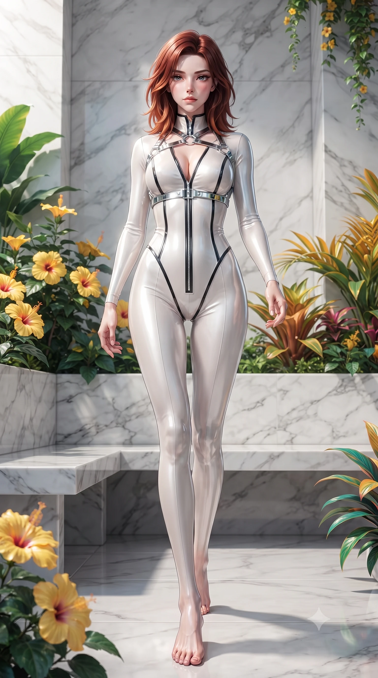 score_9, masterpiece, best quality, ultra-detailed, high-budget anime keyframe, editorial fashion photography, tasteful artistic composition, Korean woman. low angle full-body shot from head to toe showing her feet, filling the entire 9:16 vertical frame with her statuesque presence, stretching her vertical silhouette. striding forward in a proud, statuesque motion with a dangerous smolder, her vertical silhouette dominating the frame from head to toe while reclining along a polished marble bench surrounded by blooming yellow hibiscus with an alluring smoldering gaze. The surrounding environment is rendered in vivid detail and crisp panoramic clarity. vibrant emerald and gold plant textures rendered with high environmental clarity. She has an absolutely perfect, statuesque 8.5-heads proportion, an exceptionally tall and slender model-like female figure with impossibly long slender legs, a toned flat midriff, and an ultra-slim waist. sharp v-shaped jawline, high-bridge nose, intricate jewel-like eyes with depth, thick eyelashes, glossy lips with a natural sheen, flawlessly proportioned anatomical accuracy, strict slender model proportions, natural body alignment, perfectly sculpted long slender limbs, ultra-slim waistline, clean dynamic posture without body distortion. wearing a glossy white second-skin latex bodysuit with high-thigh cuts, exposed clavicle neckline, and gleaming zipper details in high-gloss monochrome white and sharp black contrast, crafted from ultra-reflective second-skin latex with a high-gloss glass-like polish, reinforced by a sleek metallic chrome harness and delicate glowing micro-straps, the liquid-tight tailored fabric emphasizing every curve of her tall, slender model proportions and sculptured silhouette during dynamic movement. surrounded by a bright, pristine, and captivatingly fresh botanical sanctuary atmosphere. ultra-reflective glossy finish, specular highlights, metallic sheen, high-contrast stereoscopic depth, volumetric dynamic lighting, 2k, ultra detail, master piece, 9:16 ratio