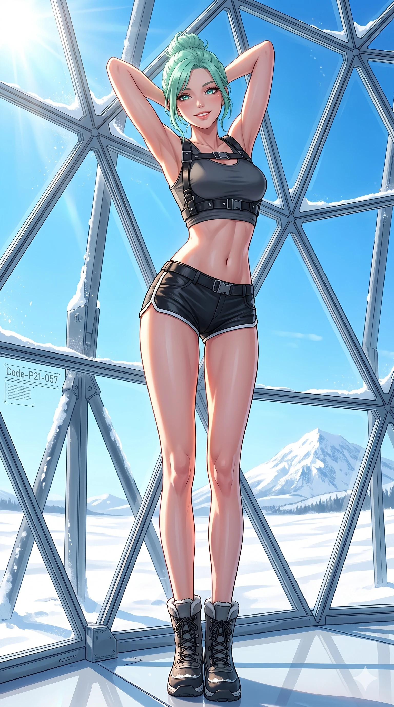 score_9, masterpiece, best quality, ultra-detailed, high-budget anime keyframe, vibrant anime aesthetic, Japanese woman. low angle full-body shot from head to toe showing her feet, filling the entire 9:16 vertical frame with her statuesque presence, stretching her vertical silhouette. She is posing with a warm, sensual smile, her eyes glowing with lively winter energy inside a modern architectural glass dome overlooking the snow (Code-P21-057). She has an absolutely perfect 8-heads proportion, an exceptionally tall and slender female figure with impossibly long slender legs and an ultra-slim waist. V-shaped jawline, high-bridge nose, intricate jewel-like eyes with depth, thick eyelashes, glossy lips with a natural sheen. wearing a harness over a crop top exposing her bare midriff and micro-shorts in the snow. She is illuminated by a brilliant midday winter sun, highlighting her athletic figure and smile. 2k, ultra detail, master piece, 9:16 ratio