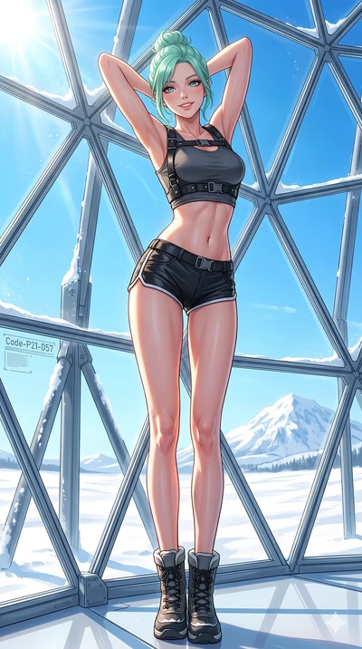 score_9, masterpiece, best quality, ultra-detailed, high-budget anime keyframe, vibrant anime aesthetic, Japanese woman. low angle full-body shot from head to toe showing her feet, filling the entire 9:16 vertical frame with her statuesque presence, 