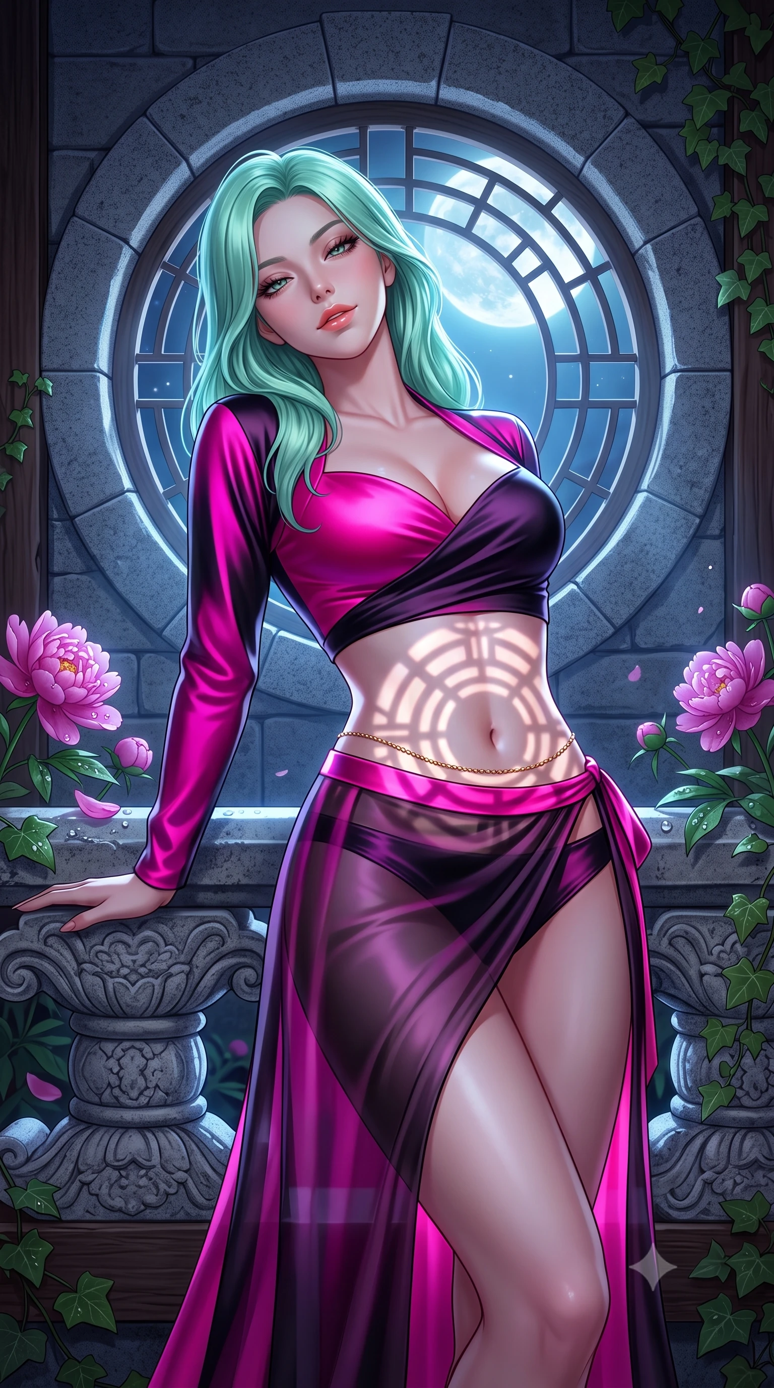 score_9, masterpiece, best quality, ultra-detailed, high-budget anime keyframe, semi-realistic 3D game render, editorial fashion photography, tasteful artistic composition, Japanese woman. close-up cowboy shot from the waist and thighs up, the character dominates the composition, filling the frame with her large presence. leaning back against the balustrade with relaxed seductive grace, head tilted back slightly while casting a hypnotic, heavy-lidded gaze while twisting her slender torso in an alluring S-curve, midnight moonlight casting geometric circular shadows over her waist and hips. The surrounding environment is rendered in vivid detail and crisp panoramic clarity: sharp cut-granite stone arch textures, wild peony petal dew droplets, and ivy leaf veins in deep focus. She has an exceptionally elegant, slender, and willowy female figure with an ultra-slim waist, flat toned midriff, narrow ribcage, and sculpted feminine hips creating an alluring, slim hourglass silhouette without bulk. sharp v-shaped jawline, high-bridge nose, sparkling eyes with hypnotic seductive depth, thick curled eyelashes, glossy parted lips with a natural dewy peach sheen, alluring bedroom-eyes with an enchanting coquettish smile, exuding magnetic siren charisma and sophisticated glamour, flawlessly proportioned anatomical accuracy, strict slender model proportions, natural body alignment, perfectly sculpted long slender limbs, ultra-slim waistline, clean dynamic posture without body distortion. wearing a plunging sweetheart-neckline silk jeogori crop top paired with an ultra-high-slit translucent chima wrap skirt and satin briefs in dual-tone high-contrast neon monochrome, crafted from fluid liquid silk satin that clings smoothly to every curve with a dewy sheen, finished with a dainty gold belly chain resting across her flat midriff and curving hips, the liquid-tight tailored fabric clinging flawlessly to her narrow waist and rounded feminine hips, emphasizing every millimeter of her sculpted slim hourglass curves without any bulky heaviness. bathed in pure lunar illumination streaming directly through the circular moon gate opening. highly saturated vibrant anime colors, detailed shading with soft gradients, rich glossy textures, high-contrast stereoscopic depth, volumetric dynamic lighting, master piece, 9:16 ratio