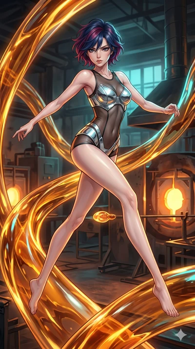 score_9, masterpiece, best quality, ultra-detailed, high-budget anime keyframe, Japanese woman. low angle full-body shot filling the entire 9:16 frame with her statuesque presence, stretching the vertical silhouette. bounding through a molten glass a