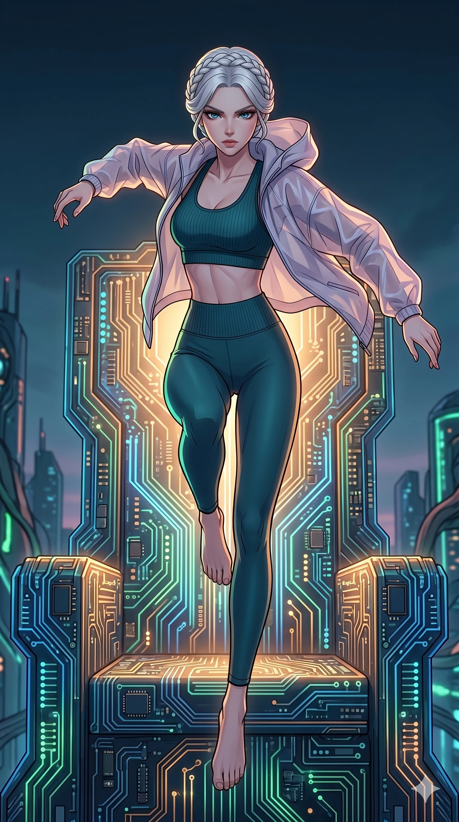 score_9, masterpiece, best quality, ultra-detailed, high-budget anime movie keyframe, cinematic anime lighting, intricate line art, Caucasian (strictly human ears) woman. Mid-air action shot capturing a graceful twist and vertical silhouette. leaping over a giant logic-board throne as it pulses with power. She has an absolutely perfect 8-heads proportion, an exceptionally tall and slender female figure with graceful and slender proportions. strictly human anatomy, two legs only, no extra limbs, clearly defined legs and arms, perfect anatomy, perfect hands and fingers. sharp v-shaped jawline, high-bridge nose, intricate jewel-like eyes, thick eyelashes, glossy lips. Wearing Premium Athleisure: Ribbed sports bra and leggings set, light windbreaker, and sleek high-performance activewear. The scene is illuminated by dramatic atmospheric lighting and vibrant color palettes. , 2k, ultra detail, master piece, 9:16 ratio