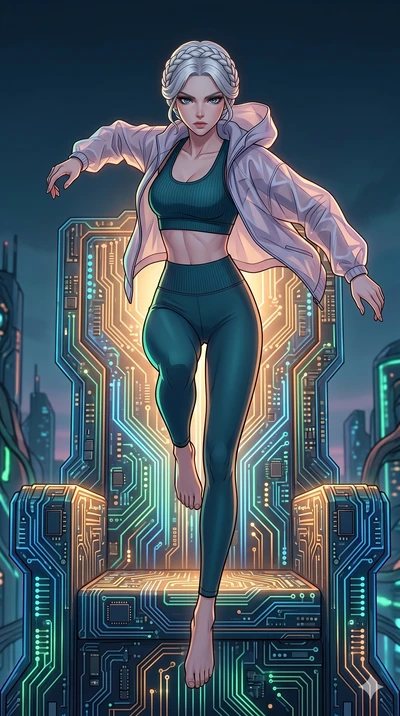 score_9, masterpiece, best quality, ultra-detailed, high-budget anime movie keyframe, cinematic anime lighting, intricate line art, Caucasian (strictly human ears) woman. Mid-air action shot capturing a graceful twist and vertical silhouette. leaping