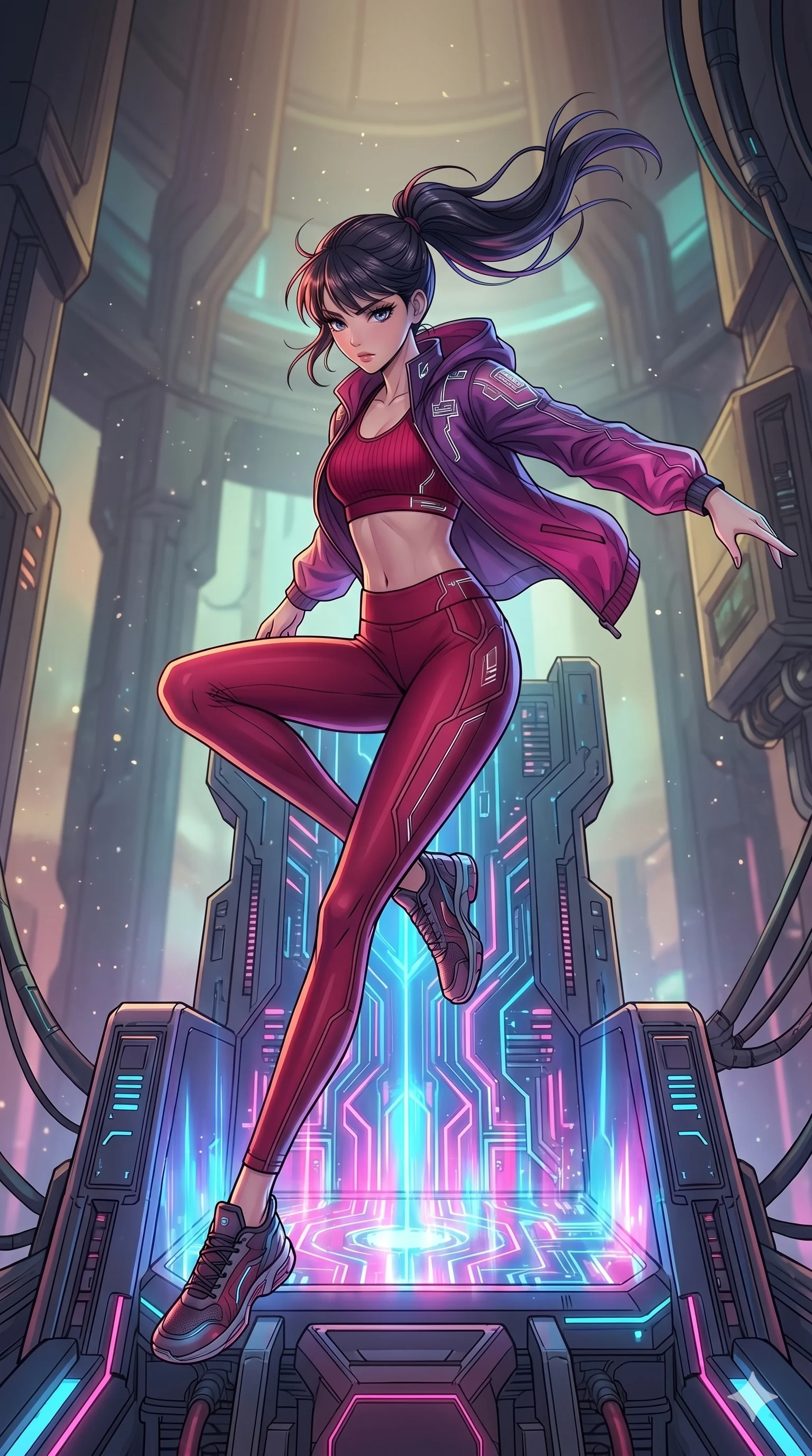 score_9, masterpiece, best quality, ultra-detailed, high-budget anime movie keyframe, cinematic anime lighting, intricate line art, Caucasian (strictly human ears) woman. Mid-air action shot capturing a graceful twist and vertical silhouette. leaping over a giant logic-board throne as it pulses with power. She has an absolutely perfect 8-heads proportion, an exceptionally tall and slender female figure with graceful and slender proportions. strictly human anatomy, two legs only, no extra limbs, clearly defined legs and arms, perfect anatomy, perfect hands and fingers. sharp v-shaped jawline, high-bridge nose, intricate jewel-like eyes, thick eyelashes, glossy lips. Wearing Premium Athleisure: Ribbed sports bra and leggings set, light windbreaker, and sleek high-performance activewear. The scene is illuminated by dramatic atmospheric lighting and vibrant color palettes. , 2k, ultra detail, master piece, 9:16 ratio