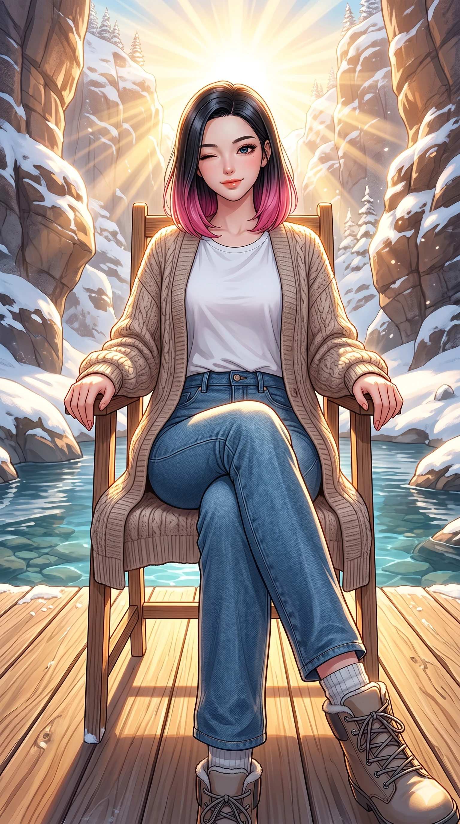 score_9, masterpiece, best quality, ultra-detailed, high-budget anime keyframe, vibrant anime aesthetic, Korean woman. low angle full-body shot from head to toe showing her feet, filling the entire 9:16 vertical frame with her statuesque presence, stretching her vertical silhouette. She is sitting in a sunlit chair, winking with a cheerful and sensual half-smile on a wooden deck over a river pool inside a sunlit winter canyon (Code-P21-035). She has an absolutely perfect 8-heads proportion, an exceptionally tall and slender female figure with impossibly long slender legs and an ultra-slim waist. V-shaped jawline, high-bridge nose, intricate jewel-like eyes with depth, thick eyelashes, glossy lips with a natural sheen. wearing a cozy long cardigan over a cotton tee and straight-leg denim in winter. She is brilliant golden rays radiating from the winter sky, creating a warm glowing atmosphere. 2k, ultra detail, master piece, 9:16 ratio