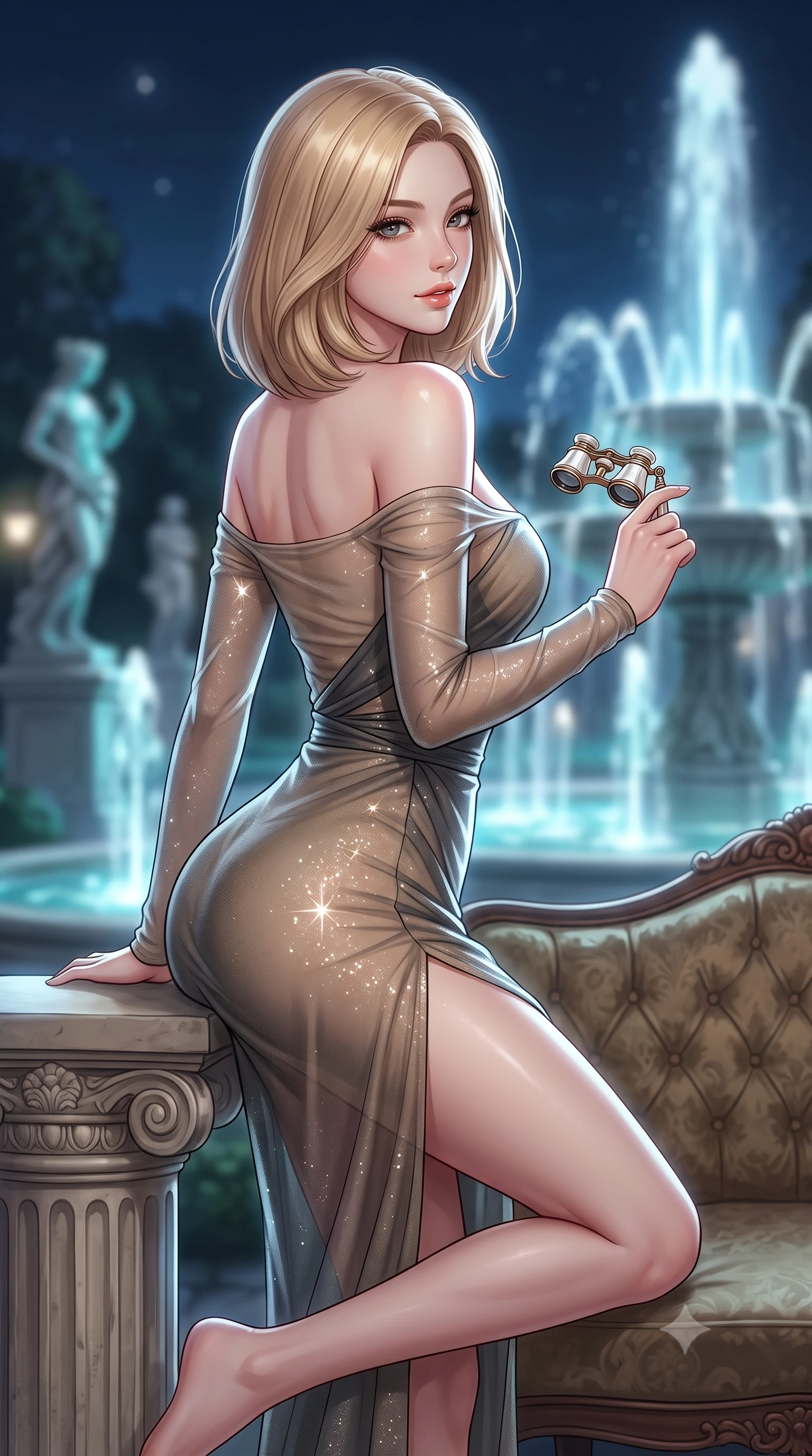 score_9, masterpiece, best quality, ultra-detailed, high-budget anime keyframe, semi-realistic 3D game render, editorial fashion photography, tasteful artistic composition, Korean woman. close-up cowboy shot from the waist and thighs up, the character dominates the composition, filling the frame with her large presence. perched sideways on the lounge seat, one knee drawn up to showcase her slender leg line while her arched back accentuates her feminine hip curve while leaning against the stone column pedestal with hips cocked back, looking over a bare shoulder toward the moonlit Parisian garden. The background shows a soft-focus illuminated palace fountains spraying into the midnight air and classical garden sculptures blurred into turquoise, silver, and charcoal bokeh. She has an exceptionally elegant, slender, and willowy female figure with an ultra-slim waist, flat toned midriff, narrow ribcage, and sculpted feminine hips creating an alluring, slim hourglass silhouette without bulk. sharp v-shaped jawline, high-bridge nose, sparkling eyes with hypnotic seductive depth, thick curled eyelashes, glossy parted lips with a natural dewy peach sheen, alluring bedroom-eyes with an enchanting coquettish smile, exuding magnetic siren charisma and sophisticated glamour, flawlessly proportioned anatomical accuracy, strict slender model proportions, natural body alignment, perfectly sculpted long slender limbs, ultra-slim waistline, clean dynamic posture without body distortion. wearing a delicate sheer gossamer chiffon ballet wrap dress slipping off bare shoulders with a daring hip-high leg slit in tactical desert sand khaki and matte carbon grey, woven from stretch metallic lurex jersey casting radiant starlight glints across her silhouette, accented with an antique mother-of-pearl opera glass held casually in one hand, the glove-like clinging cut tightly following the natural contour of her hips and long slender legs with youthful 8.5-heads elegance. illuminated by fountain water caustic bounce and sharp platinum rim lights sculpting her delicate clavicles, narrow waist, and curvy hips. highly saturated vibrant anime colors, detailed shading with soft gradients, rich glossy textures, high-contrast stereoscopic depth, volumetric dynamic lighting, master piece, 9:16 ratio