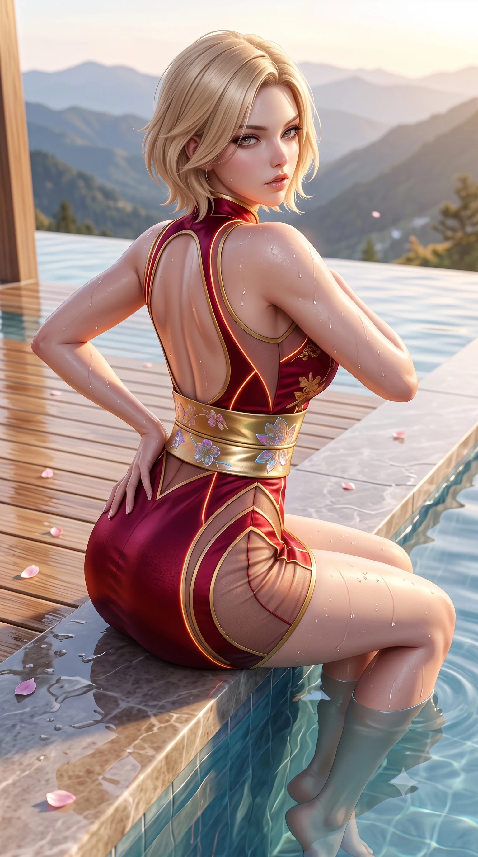 score_9, masterpiece, best quality, ultra-detailed, high-budget anime keyframe, semi-realistic 3D game render, editorial fashion photography, tasteful artistic composition, Caucasian woman. close-up cowboy shot from the waist and thighs up, the character dominates the composition, filling the frame with her large presence. resting one manicured hand delicately on her hip bone, her upper body turning in a fluid, seductive S-curve while parted lips glisten in the light while sitting on the stone infinity pool edge with legs dipped in water, turning her upper body in an alluring S-curve toward the camera. The surrounding environment is rendered in vivid detail and crisp panoramic clarity. sharp wet hinoki wood grain, distinct water droplet tracks on skin, and delicate cherry blossom petals in deep focus. She has an exceptionally elegant, slender, and willowy female figure with an ultra-slim waist, a gracefully sculpted slender torso, toned flat midriff, and rounded feminine hips creating an alluring hourglass silhouette. sharp v-shaped jawline, high-bridge nose, intricate jewel-like eyes with depth, thick eyelashes, glossy parted lips with a natural sheen, intensely captivating and seductive bedroom-eyes expression, flawlessly proportioned anatomical accuracy, strict slender model proportions, natural body alignment, perfectly sculpted long slender limbs, ultra-slim waistline, clean dynamic posture without body distortion. wearing a futuristic embroidered qipao mini dress with glowing fiber-optic seams and side cutouts in imperial gold and deep crimson silk, made of sheer contouring power-mesh panels with anatomical curve lines, complemented by a wide metallic gold obi sash with holographic floral embroidery, the dramatically scooped open back descending to the base of her spine, accentuating her razor-sharp statuesque lines and curvy hourglass silhouette. illuminated by wet specular reflections accentuating her sculpted collarbones, narrow waist, and curvy hips. highly saturated vibrant anime colors, detailed shading with soft gradients, rich glossy textures, high-contrast stereoscopic depth, volumetric dynamic lighting, master piece, 9:16 ratio