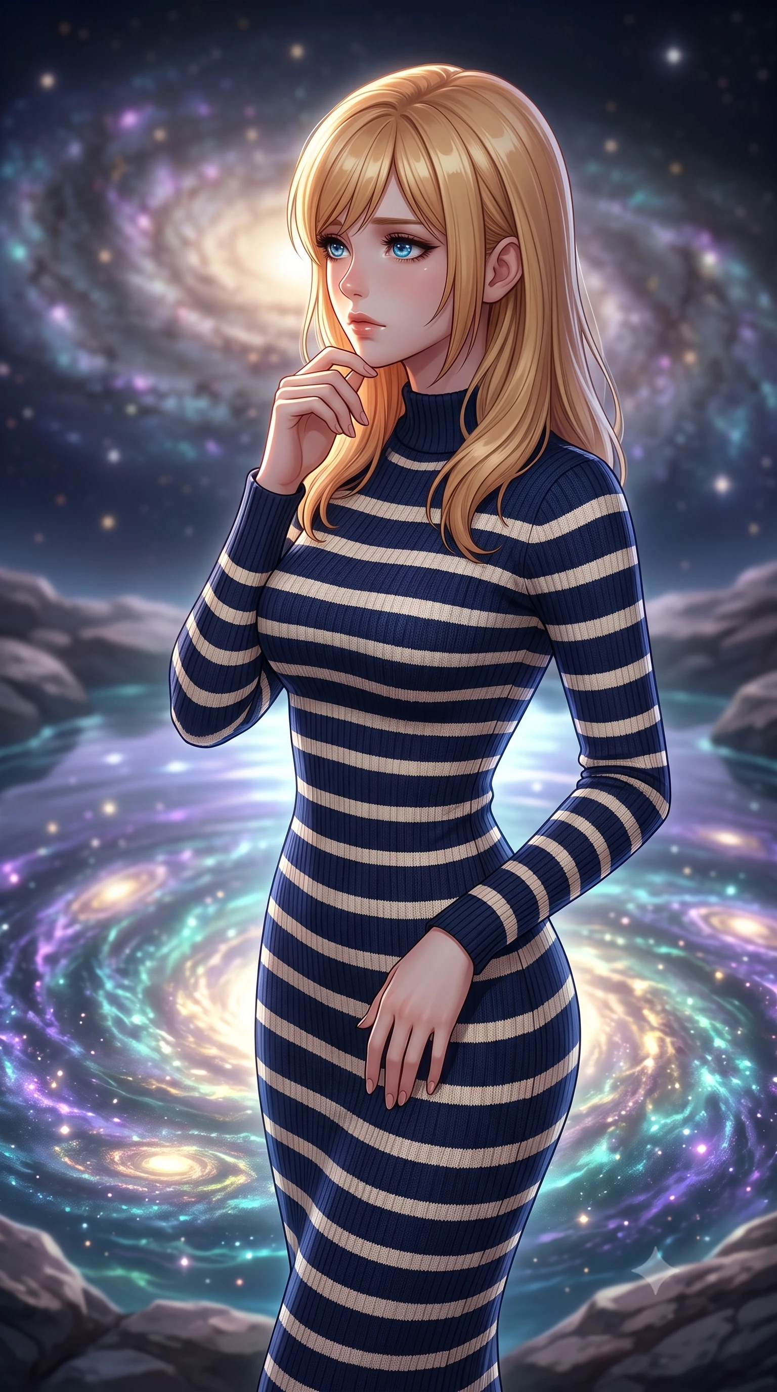 score_9, masterpiece, best quality, ultra-detailed, high-budget anime keyframe, editorial fashion photography, tasteful artistic composition, Caucasian woman, strictly human ears. close-up cowboy shot from the waist and thighs up, the character dominates the composition, filling the frame with her large presence, background elements kept in soft focus. Gazing into the distance with a wistful melancholic expression and softly glowing eyes. set against a soft-focus background of a natural rock pool at the very edge of a spiral galaxy where cosmic gases collect in swirling bioluminescent patterns of violet and teal galaxies reflected in the still luminous surface. She has an exceptionally elegant and slender, willowy female figure with an ultra-slim waist, a gracefully sculpted slender torso, and a refined slim physique. sharp v-shaped jawline, high-bridge nose, intricate jewel-like eyes with depth, thick eyelashes, glossy lips with a natural sheen. wearing a form-fitting knit midi dress in navy and cream stripes, featuring a mock neck and long sleeves. deep cosmic violet and teal bioluminescent glow from the galactic pool surface casting ethereal upward illumination with distant galaxy light providing soft fill. 2k, ultra detail, master piece, 9:16 ratio