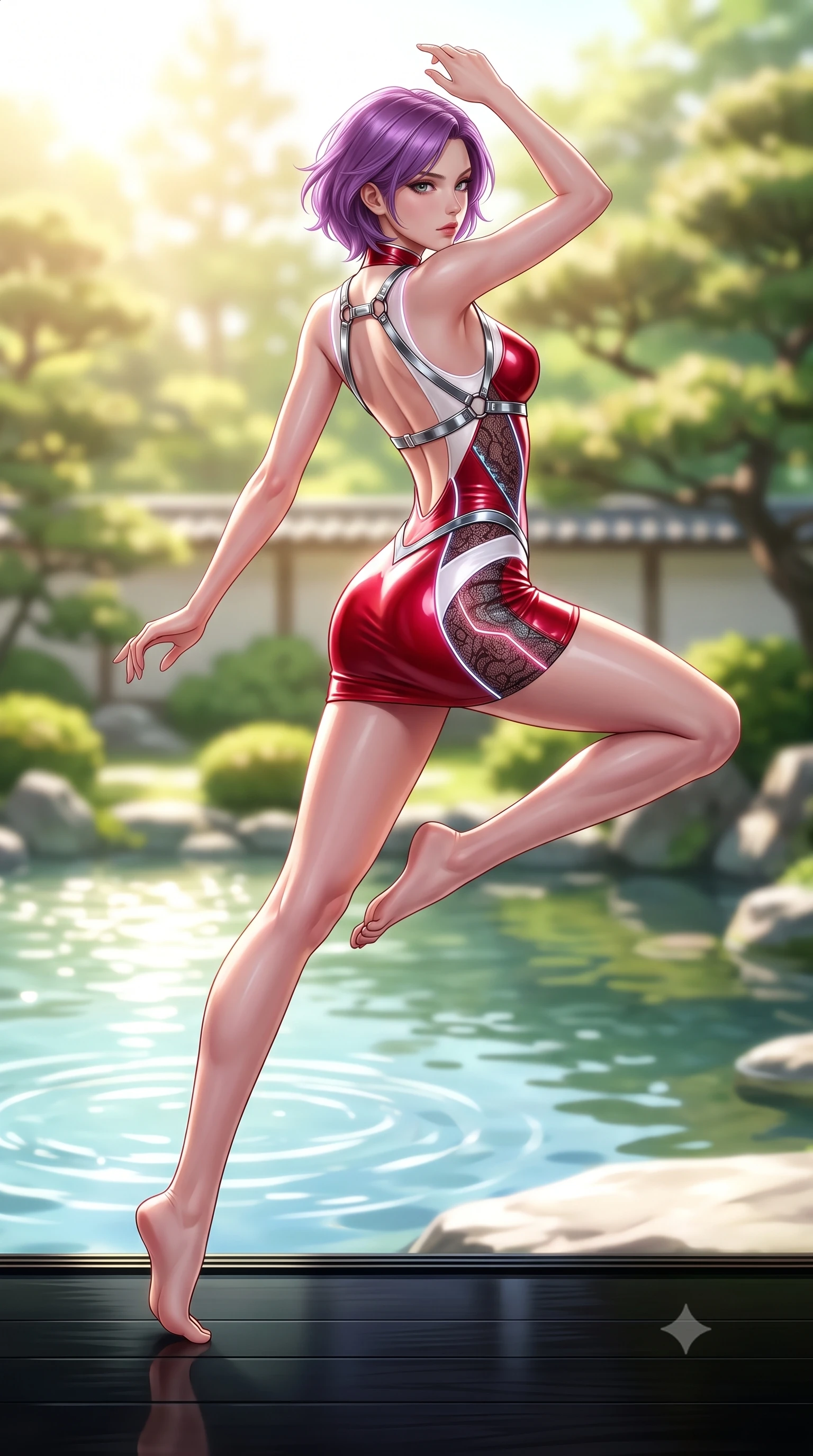 score_9, masterpiece, best quality, ultra-detailed, high-budget anime keyframe, semi-realistic 3D game render, editorial fashion photography, tasteful artistic composition, Caucasian woman. low angle full-body shot from head to toe showing her feet, filling the entire 9:16 vertical frame with her statuesque presence, stretching her vertical silhouette. leaping through mid-air with an athletic yet alluring arch of her spine, her impossibly long slender legs stretched in flawless poise while resting on a polished black lacquer veranda overlooking a manicured zen garden in radiant morning sun. The composition keeps background elements in soft focus with creamy bokeh. sunlit pond ripples creating soft, undulating light patterns across the background. She has an absolutely perfect, statuesque 8.5-heads proportion, an exceptionally tall and slender model-like female figure with impossibly long slender legs, a toned flat midriff, and an ultra-slim waist. sharp v-shaped jawline, high-bridge nose, intricate jewel-like eyes with depth, thick eyelashes, glossy lips with a natural sheen, flawlessly proportioned anatomical accuracy, strict slender model proportions, natural body alignment, perfectly sculpted long slender limbs, ultra-slim waistline, clean dynamic posture without body distortion. wearing a second-skin fashion-latex mini dress with a clean architectural front, featuring an open-back design that wraps around the sides of her waist, showcasing her slender silhouette in radiant crimson silk and crisp snow white, crafted from delicate dark lace interwoven with luminescent micro-fibers, reinforced by a sleek metallic chrome harness and delicate glowing micro-straps, the glove-like aerodynamic second-skin fit tightly clinging to her ultra-slender waist and athletic curves without adding bulk, accentuating her razor-sharp statuesque lines and slim hourglass silhouette. surrounded by a majestic, timeless, and captivatingly sensual oriental royalty aura. highly saturated vibrant anime colors, detailed shading with soft gradients, rich glossy textures, high-contrast stereoscopic depth, volumetric dynamic lighting, master piece, 9:16 ratio