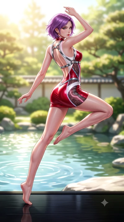 score_9, masterpiece, best quality, ultra-detailed, high-budget anime keyframe, semi-realistic 3D game render, editorial fashion photography, tasteful artistic composition, Caucasian woman. low angle full-body shot from head to toe showing her feet, 
