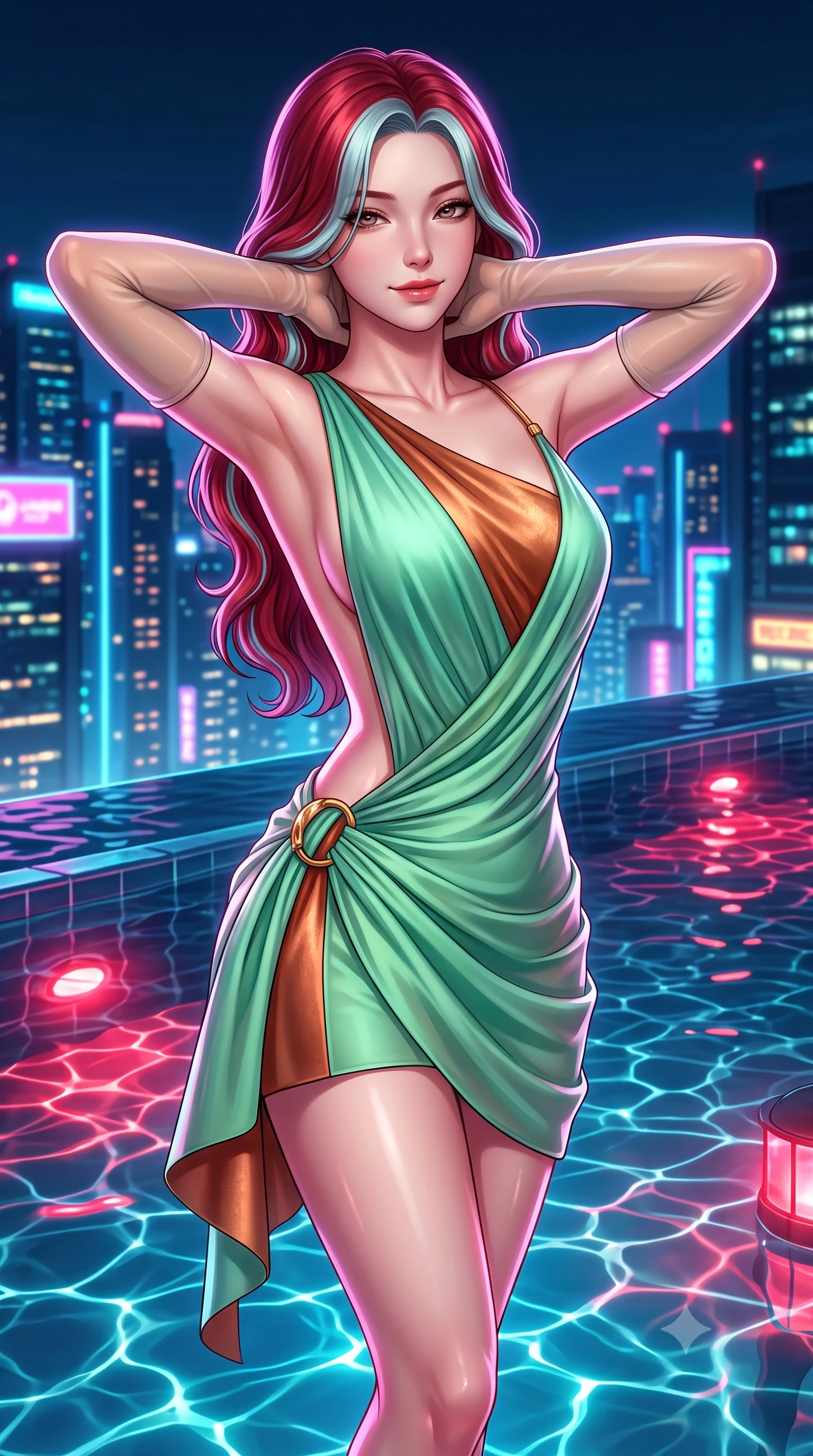 score_9, masterpiece, best quality, ultra-detailed, high-budget anime keyframe, semi-realistic 3D game render, editorial fashion photography, tasteful artistic composition, Caucasian woman. close-up cowboy shot from the waist and thighs up, the character dominates the composition, filling the frame with her large presence. resting both hands lightly behind her neck with elbows raised, arching her spine to highlight her narrow waist, flat midriff, and breathtaking collarbones while twisting her slender torso in an alluring S-curve at the water's edge, glowing underwater crimson lamps and neon city reflections tracing her curves. The background shows a soft-focus infinity edge water overflow softened in cinematic cyber-luxury shallow focus. She has an exceptionally elegant, slender, and willowy female figure with an ultra-slim waist, flat toned midriff, narrow ribcage, and sculpted feminine hips creating an alluring, slim hourglass silhouette without bulk. sharp v-shaped jawline, high-bridge nose, sparkling eyes with hypnotic seductive depth, thick curled eyelashes, glossy parted lips with a natural dewy peach sheen, alluring bedroom-eyes with an enchanting coquettish smile, exuding magnetic siren charisma and sophisticated glamour, flawlessly proportioned anatomical accuracy, strict slender model proportions, natural body alignment, perfectly sculpted long slender limbs, ultra-slim waistline, clean dynamic posture without body distortion. wearing a draped Greek-goddess style silk chiffon mini toga dress with an open back and golden hip fibula in Moroccan mint green and hammered copper, tailored from fine structural neoprene with crisp architectural edges and smooth contouring, complemented by sheer opera-length evening gloves tracing her slender arms, the form-contouring silhouette accentuating her sculpted flat midriff, narrow delicate ribcage, and gracefully curvy hips with intoxicating allure. illuminated by water ripple caustics and sharp platinum-magenta rim lights defining her delicate clavicles, ultra-slim waist, and curvy hips. highly saturated vibrant anime colors, detailed shading with soft gradients, rich glossy textures, high-contrast stereoscopic depth, volumetric dynamic lighting, master piece, 9:16 ratio