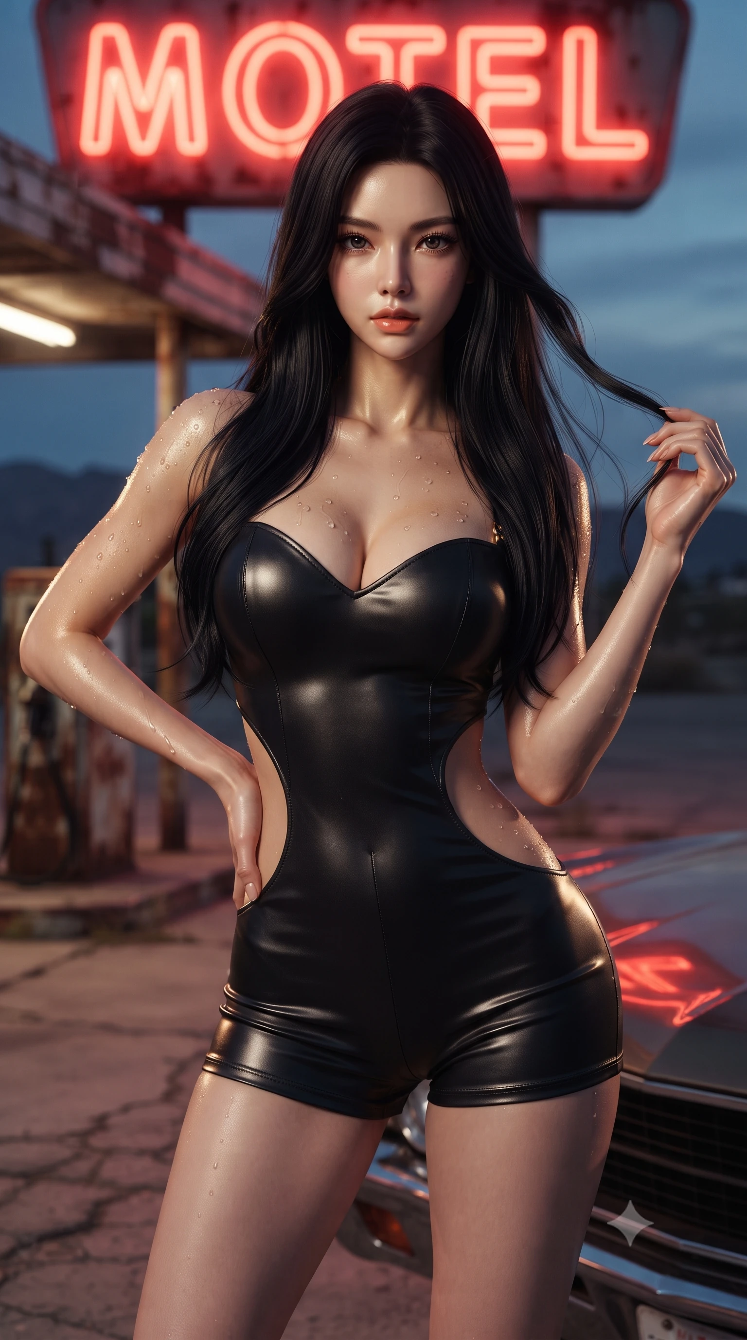 score_9, masterpiece, best quality, ultra-detailed, high-budget anime keyframe, editorial fashion photography, tasteful artistic composition, Korean woman. close-up cowboy shot from the waist and thighs up, the character dominates the composition, filling the frame with her large presence. twisting her slender torso in an alluring contrapposto stance, one hand resting on her sculpted hip while her fingers toy with her hair with effortless poise while standing poised beneath the flickering neon motel sign, arching her spine with dangerous seductive cool as evening descends. The background shows a soft-focus flickering red neon motel tubes, rusted gas pumps, and cracked concrete cracked pavements blurred into ruby, rust, and desert dusk bokeh. She has an exceptionally elegant, slender, and willowy female figure with an ultra-slim waist, flat toned midriff, narrow ribcage, and sculpted feminine hips creating an alluring, slim hourglass silhouette without bulk. sharp v-shaped jawline, high-bridge nose, sparkling eyes with hypnotic seductive depth, thick curled eyelashes, glossy parted lips with a natural dewy peach sheen, alluring bedroom-eyes with an enchanting coquettish smile, exuding magnetic siren charisma and sophisticated glamour, flawlessly proportioned anatomical accuracy, strict slender model proportions, natural body alignment, perfectly sculpted long slender limbs, ultra-slim waistline, clean dynamic posture without body distortion. wearing a deep sweetheart-neckline buckskin bodycon romper with side-hip cutouts accentuating her hourglass curves in high-contrast coastal monochrome with gold hardware, crafted from smooth liquid-tight stretch jersey emphasizing every curve of her body, finished with glistening drops of seawater beading across her sculpted shoulders and flat midriff, the second-skin tailored fabric adhering flawlessly to her sculpted flat midriff and slender torso, emphasizing her long leg lines and perfectly proportioned willowy build. illuminated by car hood reflections and sharp warm-gold rim lights defining her delicate clavicles, ultra-slim waist, and curvy hips. ultra-reflective glossy finish, specular highlights, rich textural contrasts, high-contrast stereoscopic depth, volumetric dynamic lighting, 2k, ultra detail, master piece, 9:16 ratio