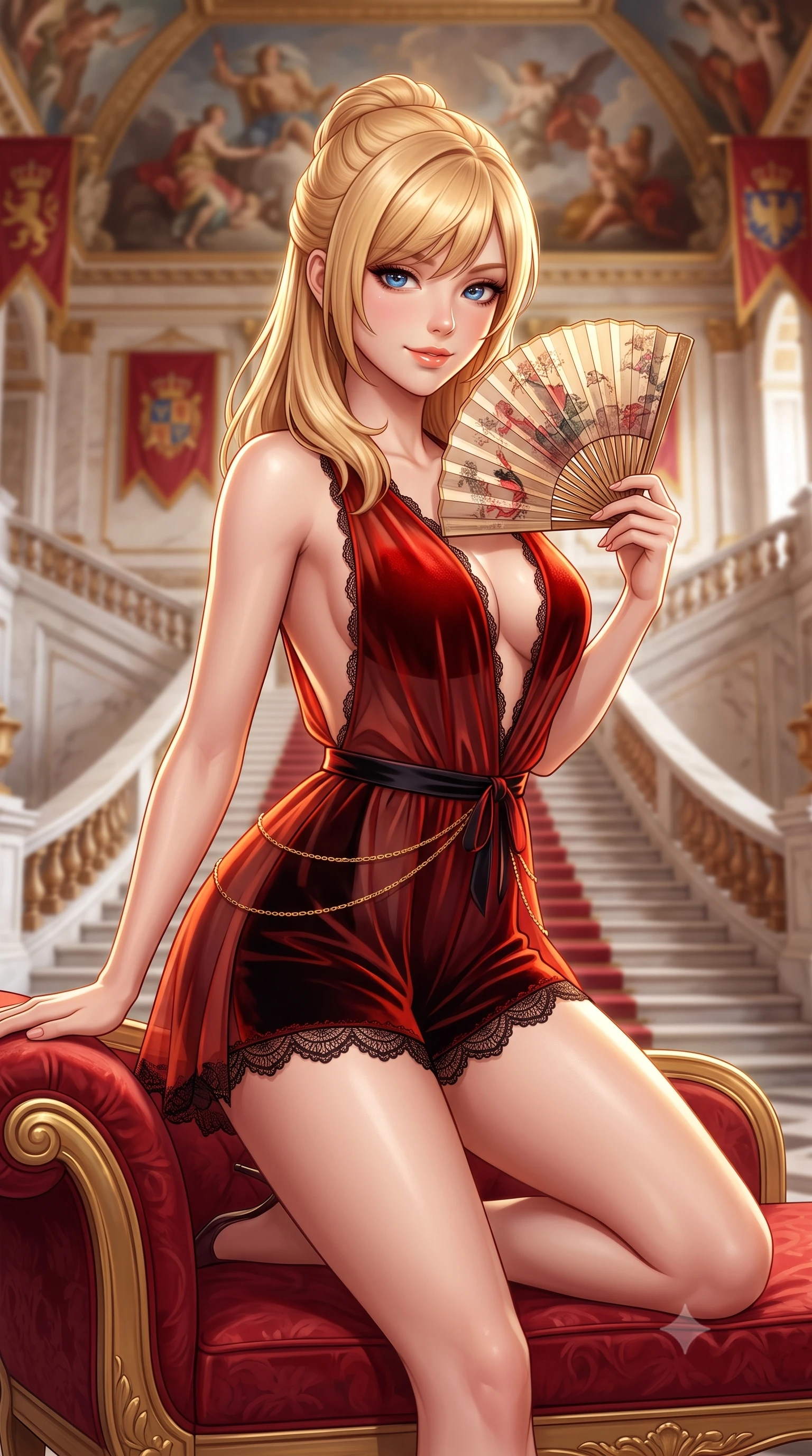score_9, masterpiece, best quality, ultra-detailed, high-budget anime keyframe, semi-realistic 3D game render, editorial fashion photography, tasteful artistic composition, Caucasian woman. close-up cowboy shot from the waist and thighs up, the character dominates the composition, filling the frame with her large presence. perched sideways on the lounge seat, one knee drawn up to showcase her slender leg line while her arched back accentuates her feminine hip curve while sitting poised on the red-carpeted marble landing with legs extended, holding a silk fan with effortless aristocratic allure. The background shows a soft-focus monumental marble imperial staircase with double sweeping flights, soaring mythological ceiling frescoes, and imperial heraldic banners blurred into ivory, ruby, and gold bokeh. She has an exceptionally elegant, slender, and willowy female figure with an ultra-slim waist, flat toned midriff, narrow ribcage, and sculpted feminine hips creating an alluring, slim hourglass silhouette without bulk. sharp v-shaped jawline, high-bridge nose, sparkling eyes with hypnotic seductive depth, thick curled eyelashes, glossy parted lips with a natural dewy peach sheen, alluring bedroom-eyes with an enchanting coquettish smile, exuding magnetic siren charisma and sophisticated glamour, flawlessly proportioned anatomical accuracy, strict slender model proportions, natural body alignment, perfectly sculpted long slender limbs, ultra-slim waistline, clean dynamic posture without body distortion. wearing a plunge-neck stretch velvet romper with scalloped eyelash-lace hems and a cinched waist ribbon in Pudong electric vermilion and obsidian lacquer, made of sheer gossamer chiffon that drapes softly against skin with airy translucence, accented with a dainty gold belly chain resting across her flat midriff and curving hips, the form-contouring silhouette accentuating her sculpted flat midriff, narrow delicate ribcage, and gracefully curvy hips with intoxicating allure. illuminated by polished marble reflection fill and sharp platinum-gold rim lights defining her delicate clavicles, ultra-slim waist, and curvy hips. highly saturated vibrant anime colors, detailed shading with soft gradients, rich glossy textures, high-contrast stereoscopic depth, volumetric dynamic lighting, master piece, 9:16 ratio