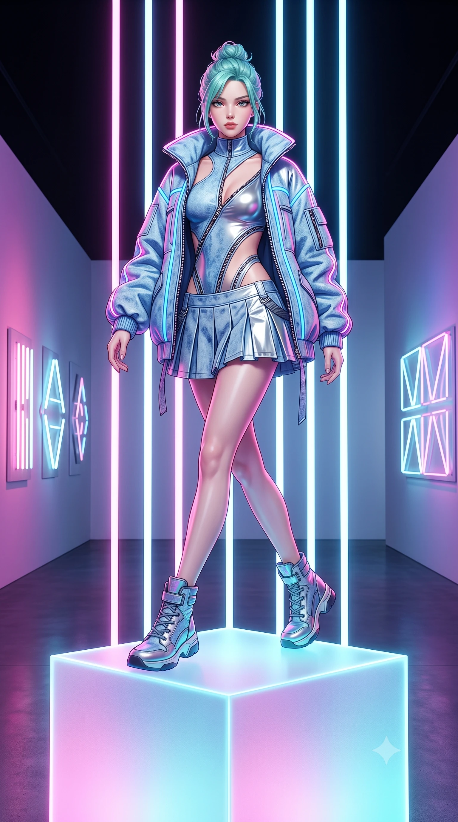 score_9, masterpiece, best quality, ultra-detailed, high-budget anime keyframe, semi-realistic 3D game render, editorial fashion photography, tasteful artistic composition, Japanese woman. low angle full-body shot from head to toe showing her feet, filling the entire 9:16 vertical frame with her statuesque presence, stretching her vertical silhouette. striding forward in a proud, dynamic supermodel runway stride, her statuesque vertical silhouette commanding the entire frame while sitting poised atop a frosted neon cube with one leg extended, her statuesque silhouette framed by vertical light bars. The surrounding environment is rendered in vivid detail and crisp panoramic clarity. ultra-modern minimalist gallery chiaroscuro and precision-engineered light art aesthetics in sharp focus. She has an absolutely perfect, statuesque 8.5-heads proportion, an exceptionally tall and slender model-like female figure with impossibly long slender legs, a toned flat midriff, and an ultra-slim waist. sharp v-shaped jawline, high-bridge nose, intricate jewel-like eyes with depth, thick eyelashes, glossy lips with a natural sheen, captivating and magnetic expression, flawlessly proportioned anatomical accuracy, strict slender model proportions, natural body alignment, perfectly sculpted long slender limbs, ultra-slim waistline, clean dynamic posture without body distortion. wearing a cutout cyberpunk bodysuit paired with an oversized neon-piped bomber jacket and pleated micro-skirt in acid-wash light denim blue and silver chrome, crafted from flexible reflective spandex and tactical webbing, accented with metallic zipper teeth running along the diagonal cutouts, the sleek tailored cut tightly hugging her graceful clavicle, narrow waist, and feminine curves with statuesque precision. bathed in dynamic color-shifting LED ambient illumination and pure white spotlight fill. highly saturated vibrant anime colors, detailed shading with soft gradients, rich glossy textures, high-contrast stereoscopic depth, volumetric dynamic lighting, master piece, 9:16 ratio