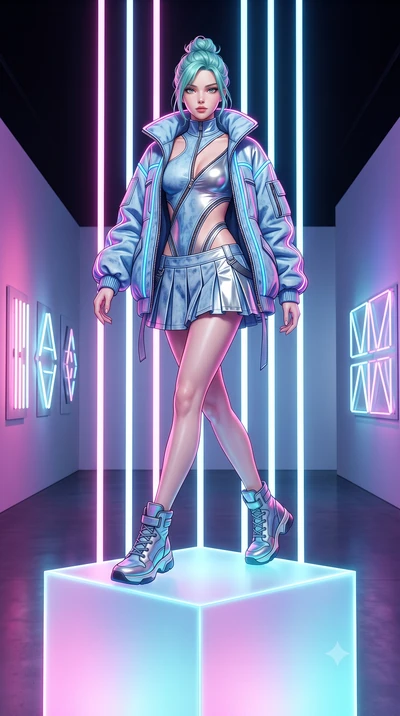 score_9, masterpiece, best quality, ultra-detailed, high-budget anime keyframe, semi-realistic 3D game render, editorial fashion photography, tasteful artistic composition, Japanese woman. low angle full-body shot from head to toe showing her feet, f
