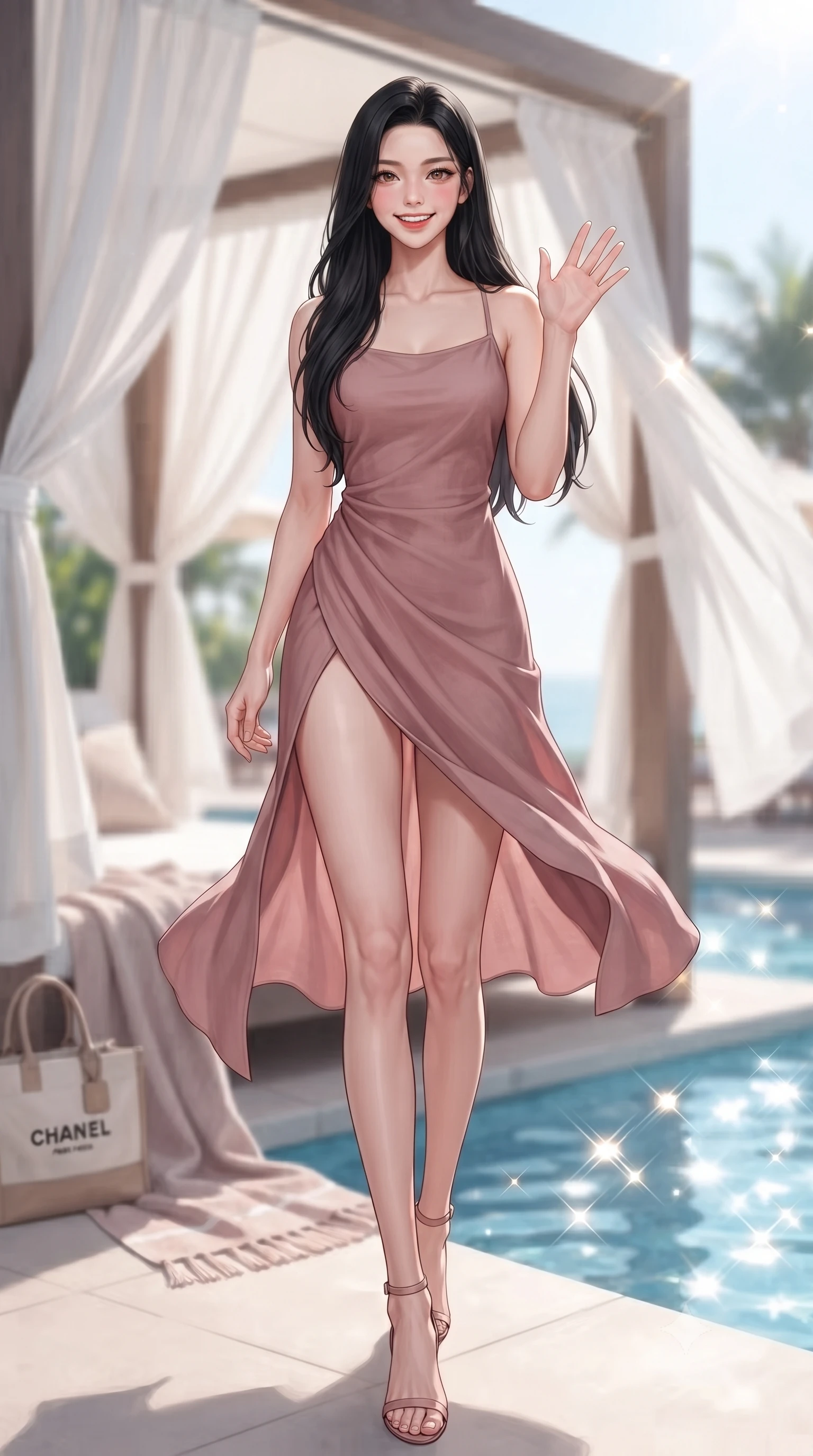 score_9, masterpiece, best quality, ultra-detailed, high-budget anime keyframe, editorial fashion photography, tasteful artistic composition, Korean woman. low angle full-body shot from head to toe showing her feet, filling the entire 9:16 vertical frame with her statuesque presence, stretching her vertical silhouette. stepping forward with a bright, cheerful smile, waving happily at the viewer set against a soft-focus background of at a resort beach cabana with white cotton drapes fluttering in the wind with a soft linen beach towel and a cute canvas tote bag nearby. She has an absolutely perfect, statuesque 8.5-heads proportion, an exceptionally tall and slender model-like female figure with impossibly long slender legs and an ultra-slim waist. sharp v-shaped jawline, high-bridge nose, intricate jewel-like eyes with depth, thick eyelashes, glossy lips with a natural sheen. wearing slim-fit flowy linen sundress in dusty rose, draped softly and comfortably. fresh morning sun rays creating sparkling glints on the blue pool water. ultra-reflective glossy finish, specular highlights, metallic sheen, high-contrast stereoscopic depth, volumetric dynamic lighting, 2k, ultra detail, master piece, 9:16 ratio