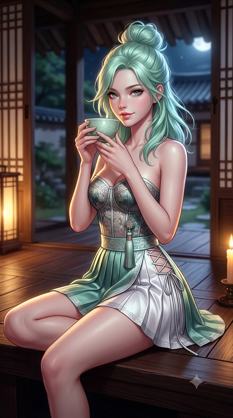 score_9, masterpiece, best quality, ultra-detailed, high-budget anime keyframe, semi-realistic 3D game render, editorial fashion photography, tasteful artistic composition, Japanese woman. close-up cowboy shot from the waist and thighs up, the character dominates the composition, filling the frame with her large presence. turning slowly with an enchanting smoldering smile, her glossy hair tossing in the breeze as her hips angle gracefully in a captivating contrapposto while sitting gracefully on the polished veranda floor with one knee drawn up, holding a celadon teacup with parted glossy lips. The background shows a soft-focus intimate Korean veranda room softened in warm candlelight shallow focus. She has an exceptionally elegant, slender, and willowy female figure with an ultra-slim waist, flat toned midriff, narrow ribcage, and sculpted feminine hips creating an alluring, slim hourglass silhouette without bulk. sharp v-shaped jawline, high-bridge nose, sparkling eyes with hypnotic seductive depth, thick curled eyelashes, glossy parted lips with a natural dewy peach sheen, alluring bedroom-eyes with an enchanting coquettish smile, exuding magnetic siren charisma and sophisticated glamour, flawlessly proportioned anatomical accuracy, strict slender model proportions, natural body alignment, perfectly sculpted long slender limbs, ultra-slim waistline, clean dynamic posture without body distortion. wearing a modern boned hanbok bustier top with norigae tassel paired with an ultra-short micro-pleated silk wrap mini skirt in moonlit jade green and pure alabaster white with silver accents, tailored from smooth liquid silk satin with a natural dewy moonlight sheen, featuring fine criss-cross lace-up side ties revealing tantalizing glimpses of her hip curve, the impeccably tailored cut draping gracefully along her slender figure with aristocratic eastern poise. bathed in warm golden candlelight glowing from within the interior room mixed with cool moonlight fill. highly saturated vibrant anime colors, detailed shading with soft gradients, rich glossy textures, high-contrast stereoscopic depth, volumetric dynamic lighting, master piece, 9:16 ratio