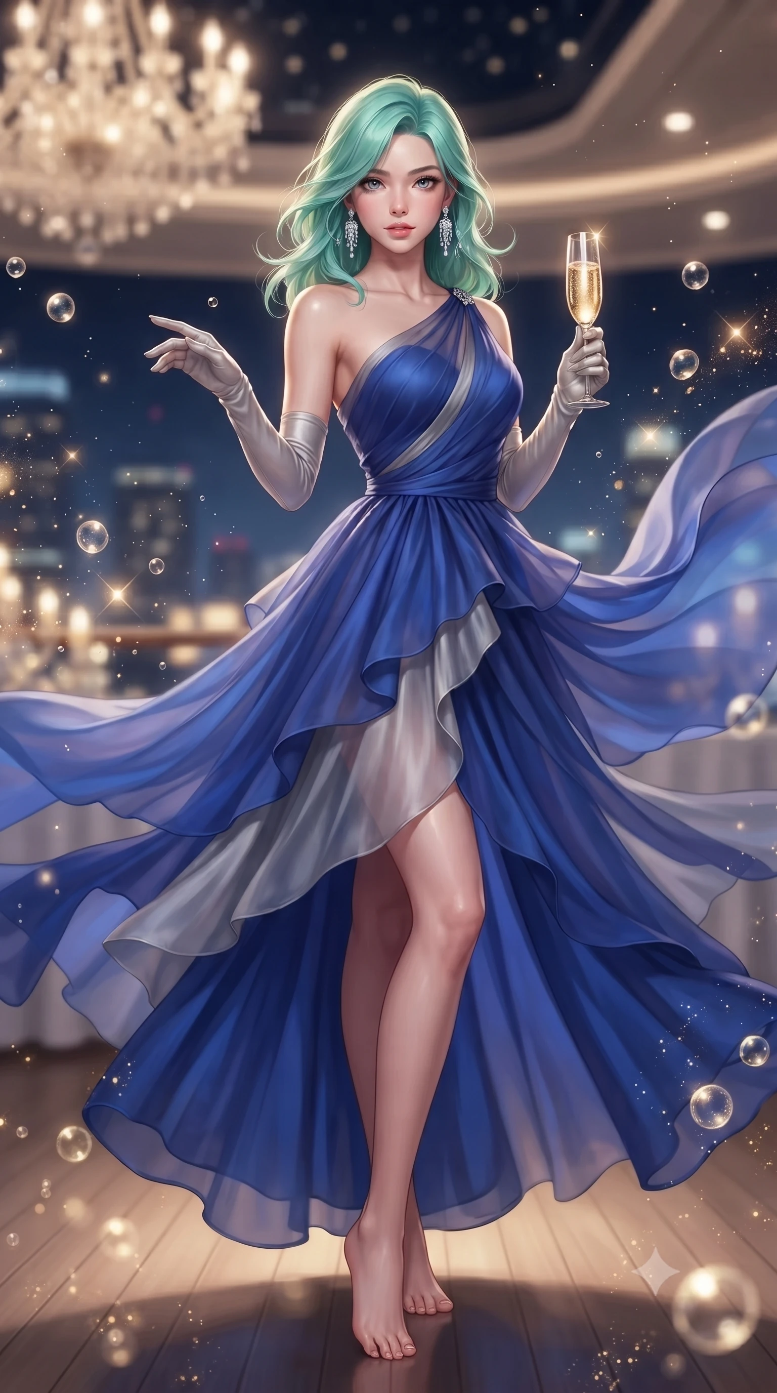 score_9, masterpiece, best quality, ultra-detailed, high-budget anime keyframe, editorial fashion photography, tasteful artistic composition, Japanese woman. low angle full-body shot from head to toe showing her feet, filling the entire 9:16 vertical frame with her statuesque presence, stretching her vertical silhouette. executing an elegant mid-motion spin with effortless grace, her garments fluttering softly around her ultra-slim waistline while holding a crystal flute of sparkling champagne with delicate poise, her jewel-like eyes locked onto the viewer. The composition keeps background elements in soft focus with creamy bokeh. sparkling champagne bubbles and gold glitter dust scattering soft luminous light motes. She has an absolutely perfect, statuesque 8.5-heads proportion, an exceptionally tall and slender model-like female figure with impossibly long slender legs, a toned flat midriff, and an ultra-slim waist. sharp v-shaped jawline, high-bridge nose, intricate jewel-like eyes with depth, thick eyelashes, glossy lips with a natural sheen, captivating and magnetic expression, flawlessly proportioned anatomical accuracy, strict slender model proportions, natural body alignment, perfectly sculpted long slender limbs, ultra-slim waistline, clean dynamic posture without body distortion. wearing an asymmetric one-shoulder silk chiffon red-carpet gown with a sweeping flowing train in royal sapphire blue and brushed platinum, woven from airy multi-layered silk chiffon with a weightless drape, complemented by opera-length satin gloves and sparkling chandelier earrings, the liquid-tight tailored fabric emphasizing every curve of her tall, slender model proportions and sculptured silhouette during dynamic movement. surrounded by a glamorous, exclusive, and breathtakingly captivating billionaire heiress aura. ultra-reflective glossy finish, specular highlights, rich textural contrasts, high-contrast stereoscopic depth, volumetric dynamic lighting, 2k, ultra detail, master piece, 9:16 ratio