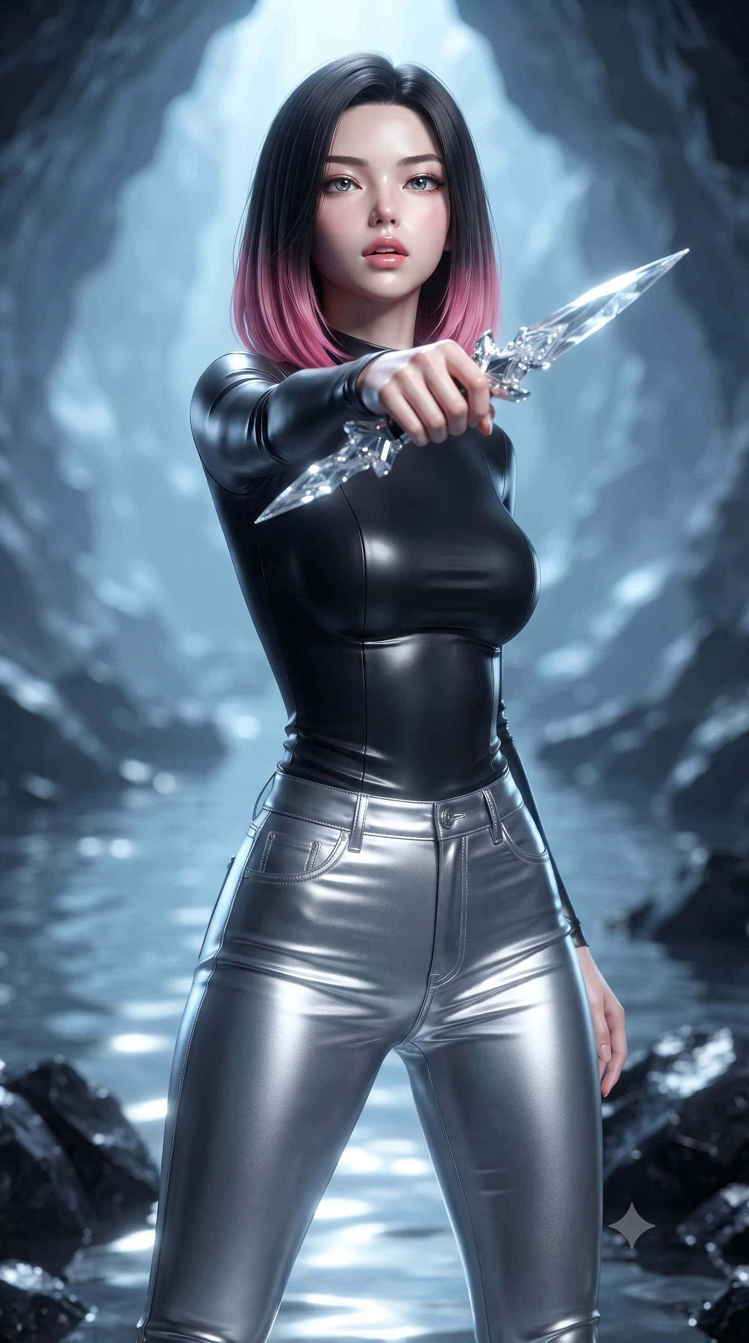 score_9, masterpiece, best quality, ultra-detailed, high-budget anime keyframe, editorial fashion photography, tasteful artistic composition, Korean woman. close-up cowboy shot from the waist and thighs up, the character dominates the composition, filling the frame with her large presence, background elements kept in soft focus. pointing a crystal-edged laser dagger forward in a defensive stance, tilting her chin up slightly with lips parted in a composed pose, the background shows a soft-focus a marine cave spring filled with liquid silver mercury and black obsidian rocks. She has an exceptionally elegant, slender, and willowy female figure with an ultra-slim waist, a gracefully sculpted slender torso, and a refined silhouette. sharp v-shaped jawline, high-bridge nose, intricate jewel-like eyes with depth, thick eyelashes, glossy lips with a natural sheen. wearing a body-hugging body-hugging long-sleeve combat top in carbon-black, tucked into tight-fitting metallic silver skinny pants. soft blue light reflecting from the mercury pool onto the cave walls and ceiling. ultra-reflective glossy finish, specular highlights, metallic sheen, high-contrast stereoscopic depth, volumetric dynamic lighting, 2k, ultra detail, master piece, 9:16 ratio
