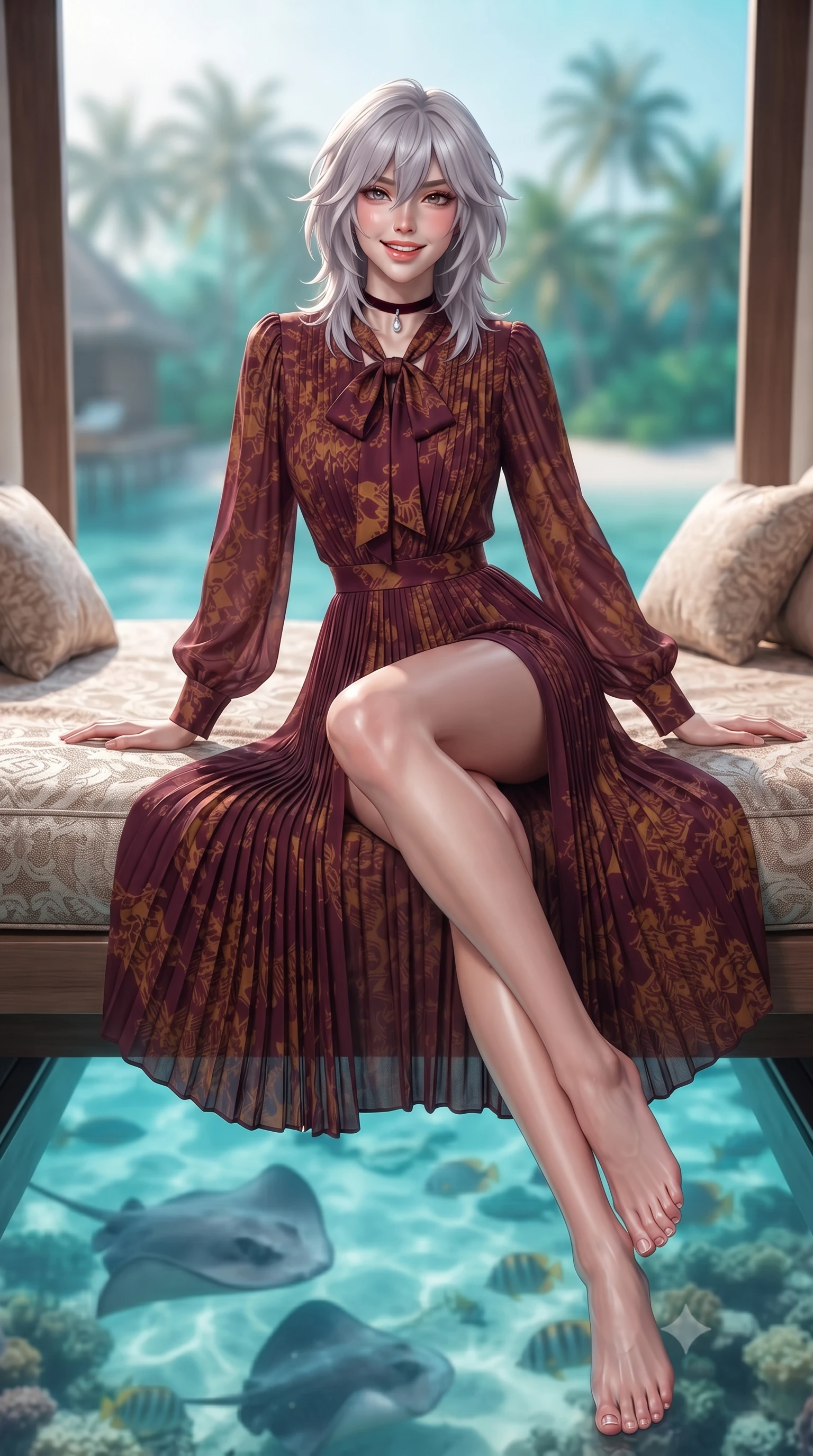 score_9, masterpiece, best quality, ultra-detailed, high-budget anime keyframe, editorial fashion photography, tasteful artistic composition, Japanese woman. low angle full-body shot from head to toe showing her feet, filling the entire 9:16 vertical frame with her statuesque presence, stretching her vertical silhouette. lounging on the lavish daybed with legs crossed and hips angled toward the camera, displaying her toned midriff and long slender limbs with effortless siren poise while sitting gracefully on the massage platform with legs crossed and angled, flashing a radiant, playful smile with parted glossy lips. The background shows a soft-focus swimming stingrays and tropical reef fish visible through glass floor, open lagoon breeze, and distant coconut palm silhouettes blurred into turquoise, emerald, and cream bokeh. She has an exceptionally tall and slender model-like 8.5-heads proportion, an ultra-slim waist, a flat toned midriff, narrow delicate ribcage, and beautifully sculpted feminine hips creating a graceful, slim hourglass silhouette without any bulky heaviness, with impossibly long slender legs. sharp v-shaped jawline, high-bridge nose, intricate jewel-like sparkling eyes with depth, thick eyelashes, glossy parted lips with a natural peach sheen, bright cheerful beaming smile with an enchanting and coquettish sensual glint, exuding both youthful cute charm and seductive allure, flawlessly proportioned anatomical accuracy, strict slender model proportions, natural body alignment, perfectly sculpted long slender limbs, ultra-slim waistline, clean dynamic posture without body distortion. wearing a refined long-sleeve silk georgette palazzo jumpsuit with pleated overlay skirt and modest neck bow in Franschhoek vineyard pinotage burgundy and oak honey, tailored from ultra-plush silk velvet with rich tactile depth and deep shadow gradients, finished with a thin velvet ribbon choker and a single teardrop diamond pendant, the bespoke structured tailoring following the natural line of her 8.5-heads silhouette with refined elegance. illuminated by glass floor reflection bounce and sharp platinum-cyan rim lights defining her dewy collarbones, ultra-slim waist, and curvy hips. ultra-reflective glossy finish, specular highlights, rich textural contrasts, high-contrast stereoscopic depth, volumetric dynamic lighting, 2k, ultra detail, master piece, 9:16 ratio