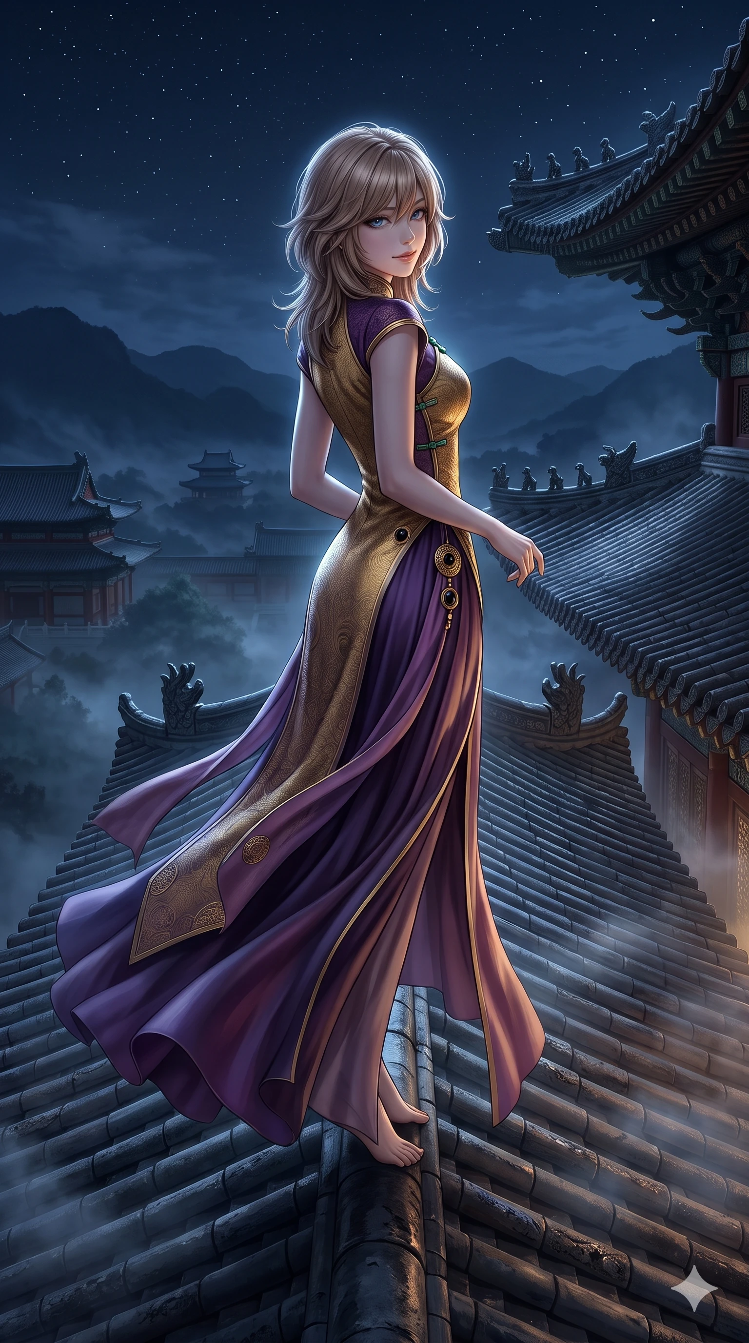 score_9, masterpiece, best quality, ultra-detailed, high-budget anime keyframe, semi-realistic 3D game render, editorial fashion photography, tasteful artistic composition, Japanese woman. low angle full-body shot from head to toe showing her feet, filling the entire 9:16 vertical frame with her statuesque presence, stretching her vertical silhouette. executing a slow, graceful pivot turn as her silk wrap skirt sways around her slender legs, glancing back with an enchanting, teasing sensual expression while standing tall on the central roof ridge, arching her lower back with sovereign supermodel grace as midnight winds whip her garments open. The surrounding environment is rendered in vivid detail and crisp panoramic clarity: detailed liquid metallic lamé plunge jumpsuit cling, side cutouts, and monumental palace roof engineering in razor-sharp clarity. She has an absolutely perfect, statuesque 8.5-heads proportion, an exceptionally tall and slender model-like female figure with impossibly long slender legs, an ultra-slim waist, a flat toned midriff, narrow delicate ribcage, and beautifully sculpted feminine hips creating a graceful, slim hourglass silhouette without any bulky heaviness. sharp v-shaped jawline, high-bridge nose, sparkling eyes with hypnotic seductive depth, thick curled eyelashes, glossy parted lips with a natural dewy peach sheen, alluring bedroom-eyes with an enchanting coquettish smile, exuding magnetic siren charisma and sophisticated glamour, flawlessly proportioned anatomical accuracy, strict slender model proportions, natural body alignment, perfectly sculpted long slender limbs, ultra-slim waistline, clean dynamic posture without body distortion. wearing a refined high-collar fusion qipao evening column gown with structured shoulders and modest jade toggle clasps in imperial gold and royal plum purple, woven from bespoke Korean ramie fabric with crisp tactile slub texture, accented with an authentic engraved gold medallion and obsidian cabochons, the impeccably tailored cut draping gracefully along her slender figure with aristocratic eastern poise. illuminated by moonlit valley mist upward bounce and sharp silver-topaz rim lights defining her razor-sharp jawline, narrow waist, and curvy hips. highly saturated vibrant anime colors, detailed shading with soft gradients, rich glossy textures, high-contrast stereoscopic depth, volumetric dynamic lighting, master piece, 9:16 ratio