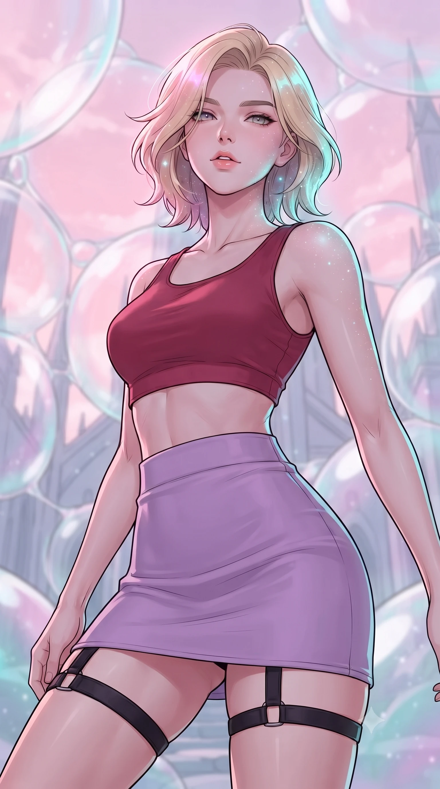score_9, masterpiece, best quality, ultra-detailed, high-budget anime keyframe, gorgeous anime illustration, with clean line-art and distinct ink outlines, Caucasian woman, strictly human ears. close-up cowboy shot from the waist and thighs up, the character dominates the composition, filling the frame with her large presence, background elements kept in soft focus. Tilting her chin up slightly with lips parted in a composed expression. set against a soft-focus background of in a valley where the cathedral is built from giant, tough soap bubbles that float and join together, a pastel pink sky visible through the transparent walls. She has an exceptionally elegant and slender, willowy female figure with an ultra-slim waist, a gracefully sculpted slender torso, and a refined slim physique. sharp v-shaped jawline, high-bridge nose, intricate jewel-like eyes with depth, thick eyelashes, glossy lips with a natural sheen. wearing a matte crimson crop top paired with matching high-waist lavender mini skirt and black thigh straps. starlight and nebula glow casting soft cosmic pink and cyan highlights on her form. 2k, ultra detail, master piece, 9:16 ratio, vibrant anime color palette, detailed cel-shading with soft gradients, rich contrast, dynamic lighting, 2d animation style
